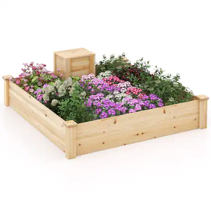 Front. Gymax - Gymax Raised Fir Wood Garden Bed 49" x 49" x 10" Open Base Garden Bed w/ Composting Bin - Natural.