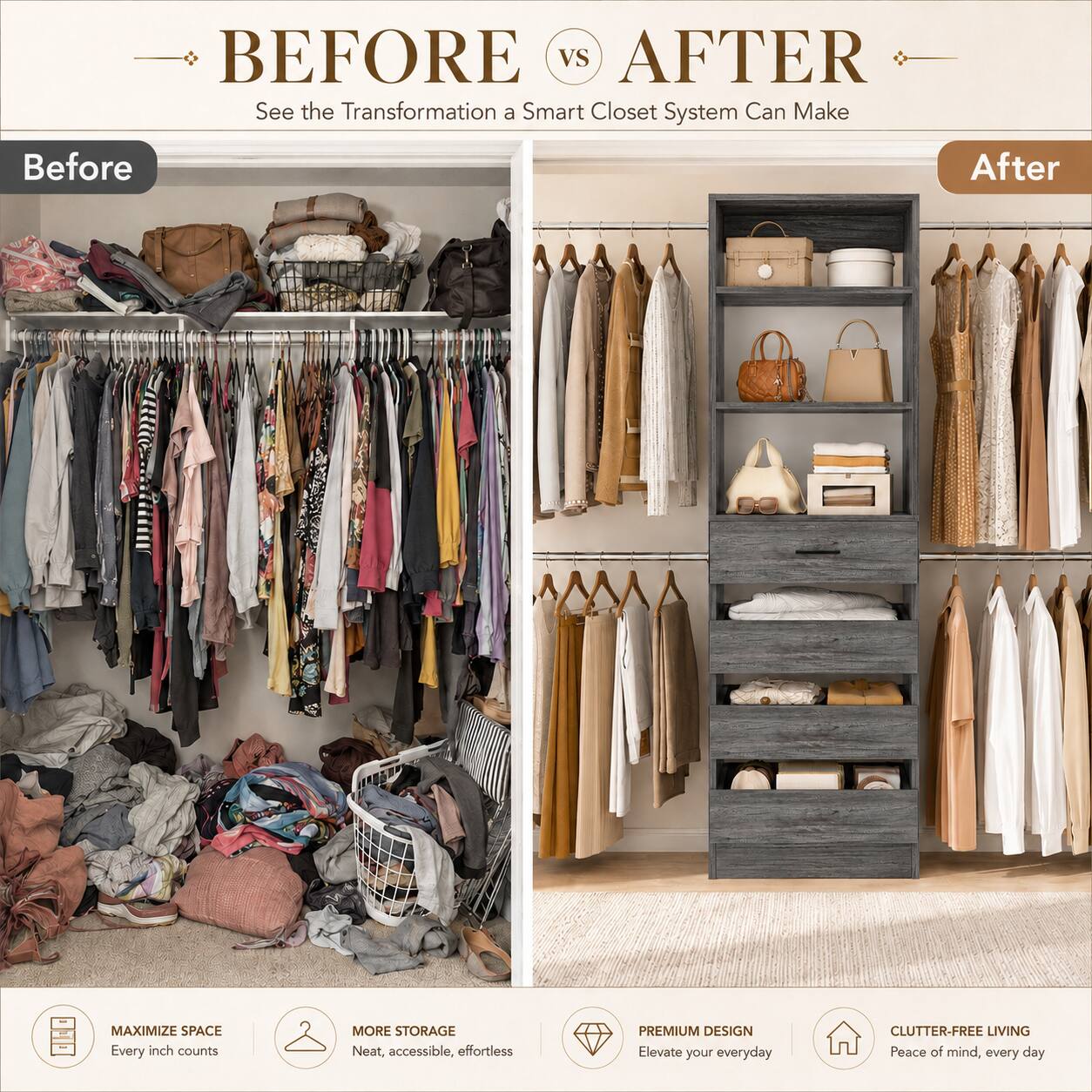 BEFORE VS AFTER  
See the Transformation a Smart Closet System Can Make  

Before  
After  

MAXIMIZE SPACE  
Every inch counts  

MORE STORAGE  
Neat, accessible, effortless  

PREMIUM DESIGN  
Elevate your everyday  

CLUTTER-FREE LIVING  
Peace of mind, every day