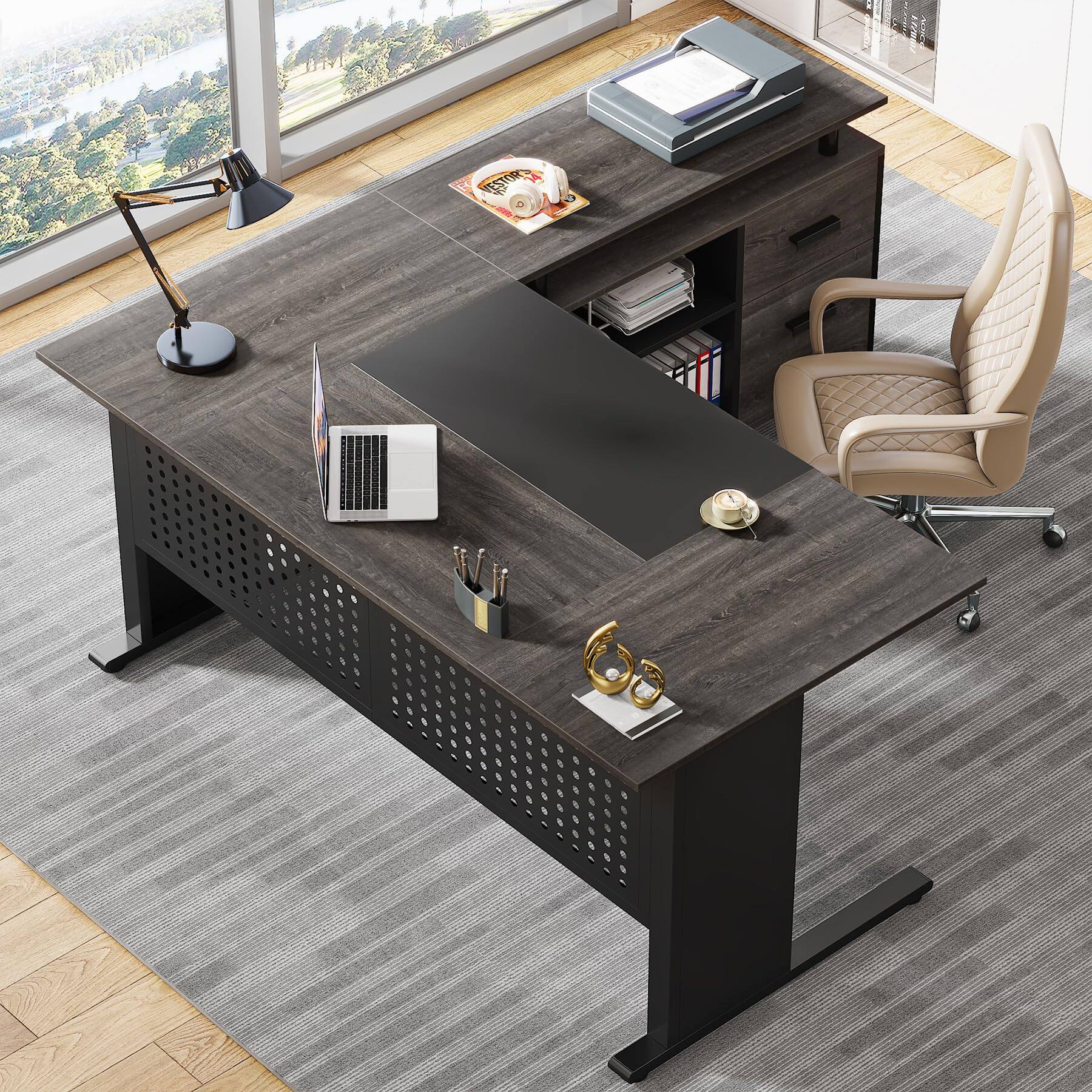 Alt View 2. Tribesigns - 63 Inch Executive Desk with File Cabinet, L Shaped Office Desk with Drawers and Storage Shelves, Business Furniture Set - Gray and Black.