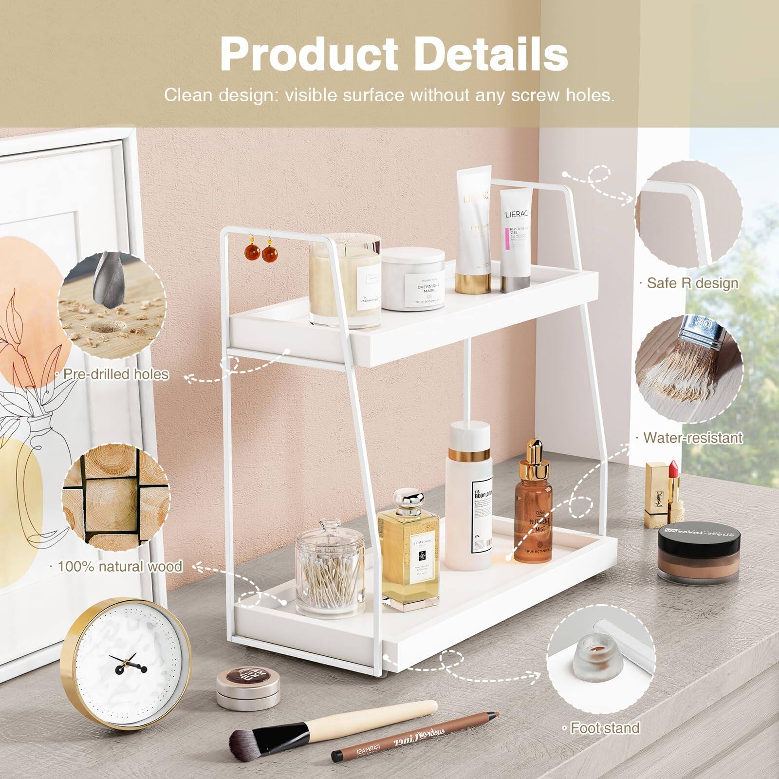 Product Details  
Clean design: visible surface without any screw holes.  

- Pre-drilled holes  
- Safe R design  
- Water-resistant  
- 100% natural wood  
- Foot stand