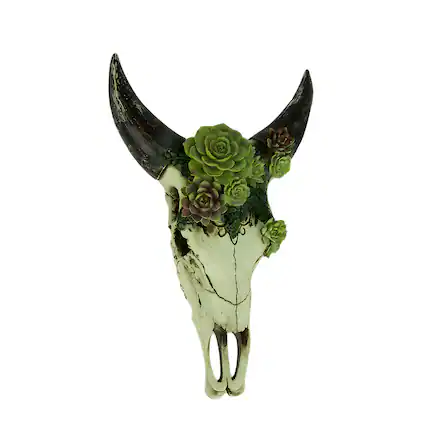 Front. Zeckos - Aged Bull Skull with Succulent Plants Hanging Statue - White.