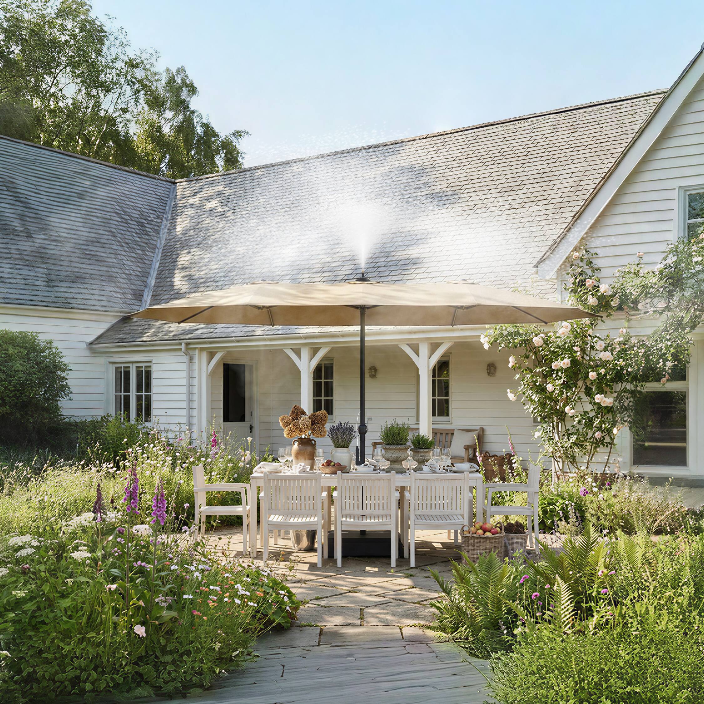 Alt View 2. Famapy - 11ft Double-Top Patio Misting Umbrella - Spray Cooling System & Reinforced Frame for Pool, Garden - Sand.