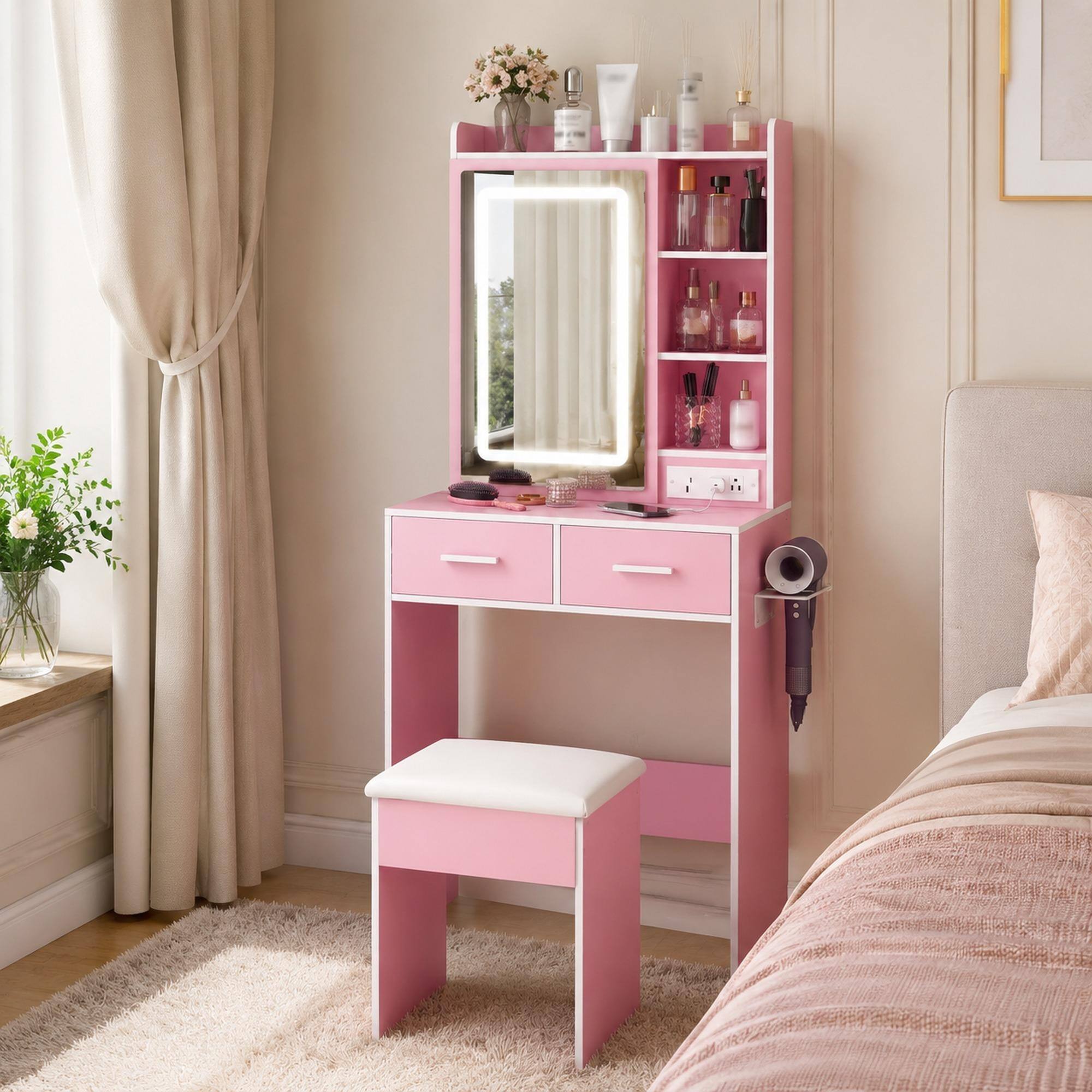 Front. RYHNUYNE - Small Makeup Vanity Desk, Pink, LED Mirror, Power Outlet, Hidden Storage, Padded Stool, Shelf, Space-Saving - Pink.