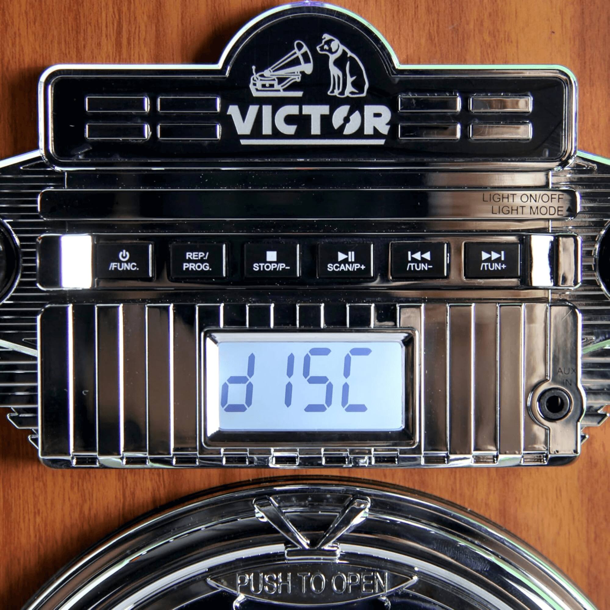 VICTOR

LIGHT ON/OFF  
LIGHT MODE

REP/PROG.  
STOP/P-  
SCAN/P+  
TUN-  
TUN+  
AUX IN

PUSH TO OPEN