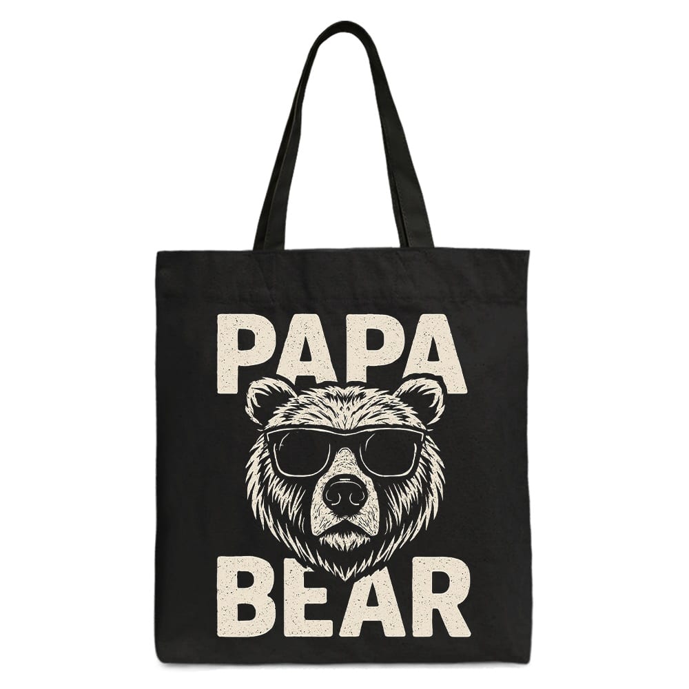 OrnamentallyYou - Papa Bear Sunglasses Canvas Tote Bag, Vintage Gift Shopper for Cool Dads - Black