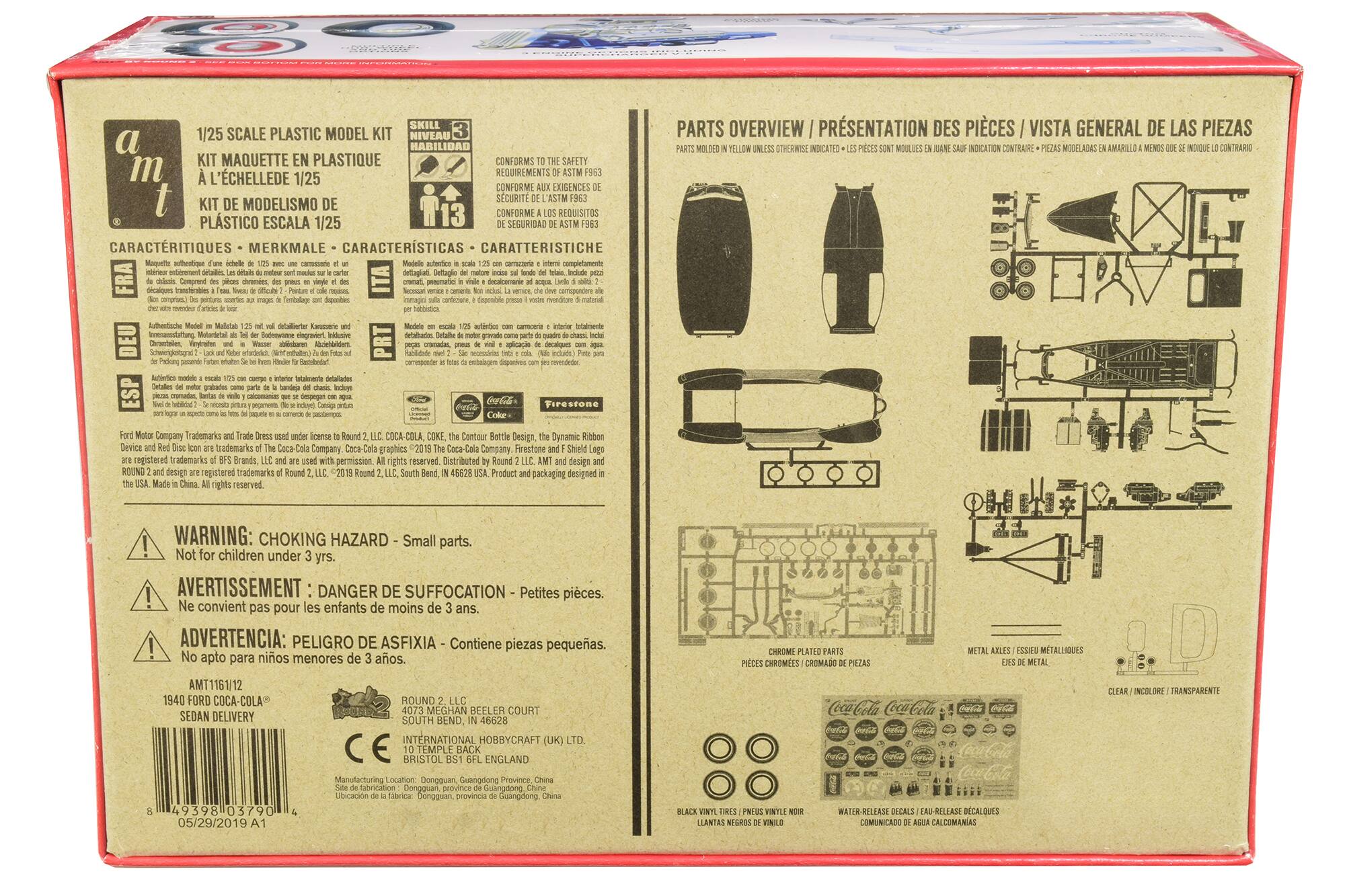 1/25 SCALE PLASTIC MODEL KIT  
KIT MAQUETTE EN PLASTIQUE A L'ECHELLE DE 1/25  
KIT DE MODELISMO DE PLASTICO ESCALA 1/25  

CONFORMS TO THE SAFETY REQUIREMENTS OF ASTM F963  
CONFORME AUX EXIGENCES DE SECURITE DE ASTM F963  
CONFORME A LA REQUISITO DE SEGURIDAD DE ASTM F963  

CHARACTERISTICS - CARACTERISTIQUES - CARATTERISTICHE  

WARNING: CHOKING HAZARD - Small parts. Not for children under 3 yrs.  
AVERTISSEMENT: DANGER DE SUFFOCATION - Petites pièces. Ne convient pas pour les enfants de moins de 3 ans.  
ADVERTENCIA: PELIGRO DE ASFIXIA - Contiene piezas pequeñas. No apto para niños menores de 3 años.  

PARTS OVERVIEW / PRÉSENTATION DES PIÈCES / VISTA GENERAL DE LAS PIEZAS  

ROUND 2  
1940 FORD COCA-COLA®  
SEDAN DELIVERY  

AM