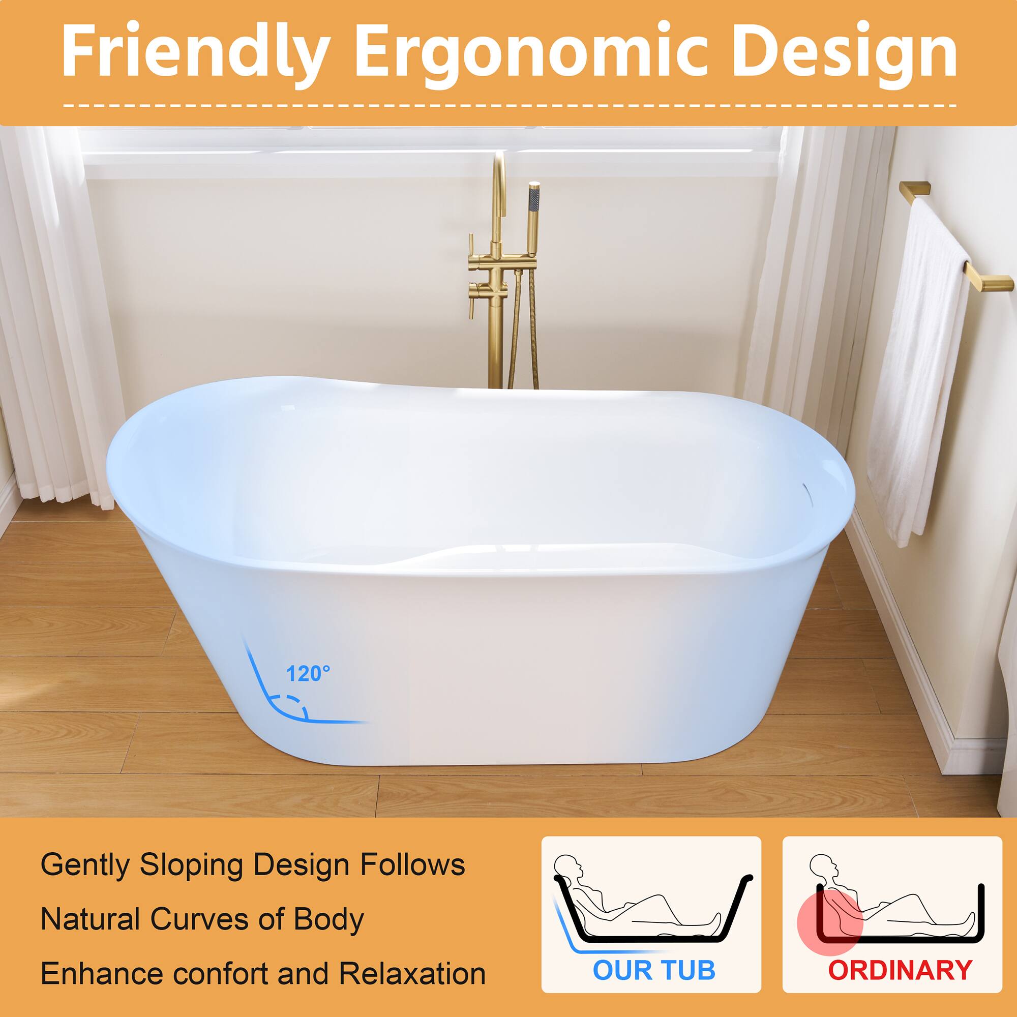 Friendly Ergonomic Design

Gently Sloping Design Follows Natural Curves of Body
Enhance comfort and Relaxation

OUR TUB ORDINARY