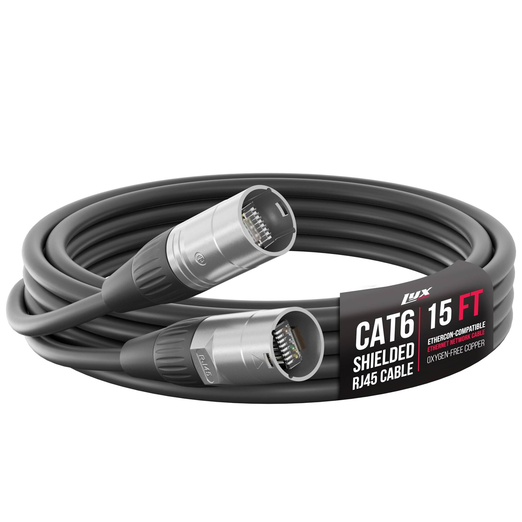 Lyxpro - 15 Feet Shielded CAT6 Ethercon Cable, Male to Male, Pro Audio & Lighting RJ45 Cable - Black