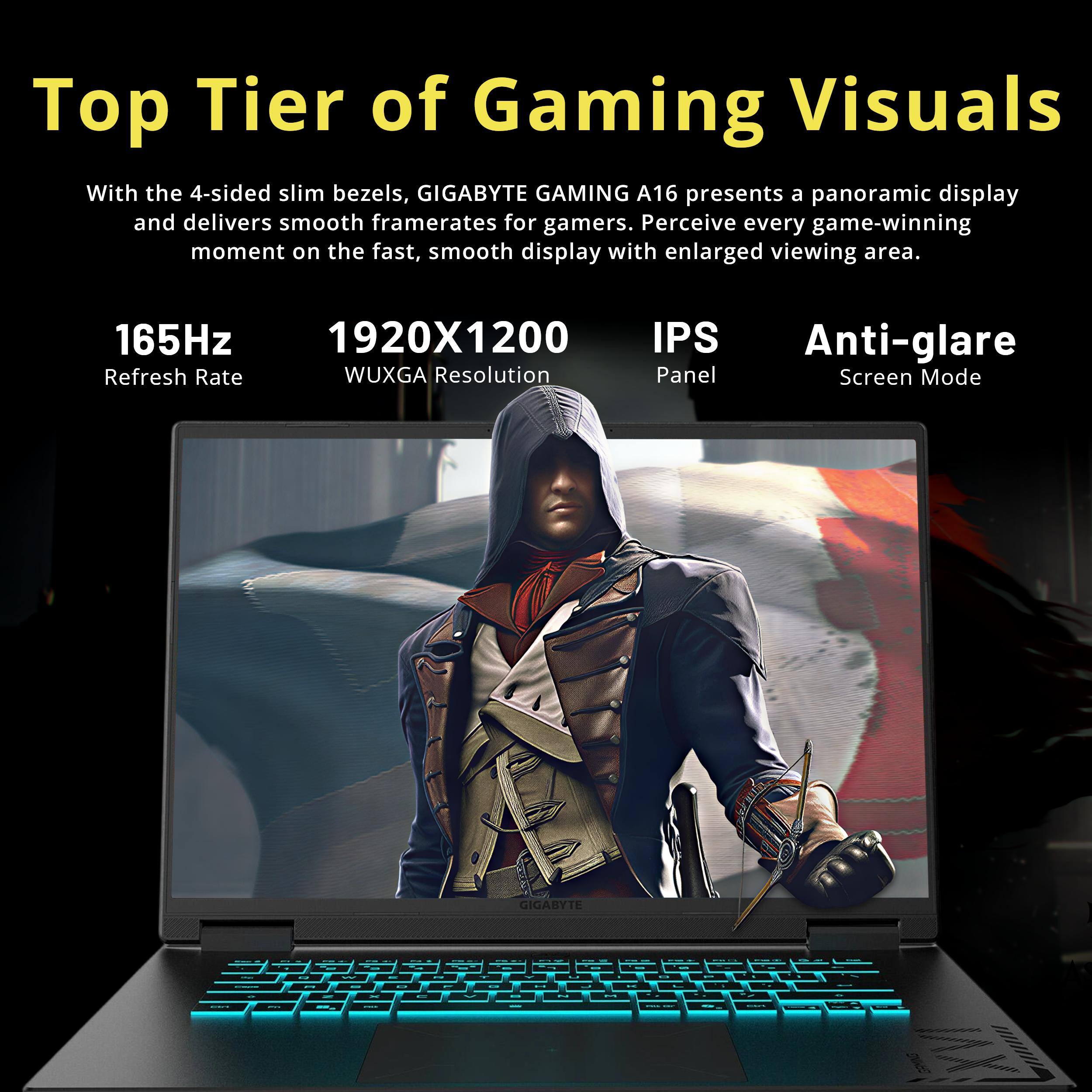 Top Tier of Gaming Visuals

With the 4-sided slim bezels, GIGABYTE GAMING A16 presents a panoramic display and delivers smooth framerates for gamers. Perceive every game-winning moment on the fast, smooth display with enlarged viewing area.

165Hz Refresh Rate
1920X1200 WUXGA Resolution Panel
IPS Panel
Anti-glare Screen Mode