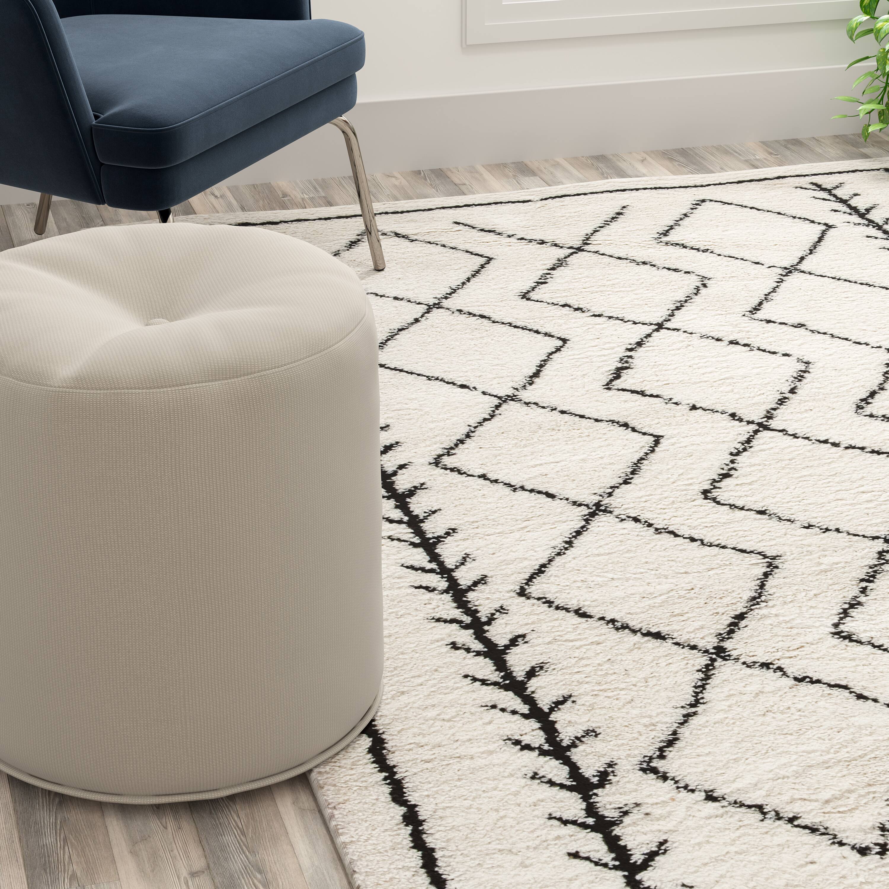Alt View 2. Emma + Oliver - Geometric Bohemian Shag Rug - Ivory/Black.