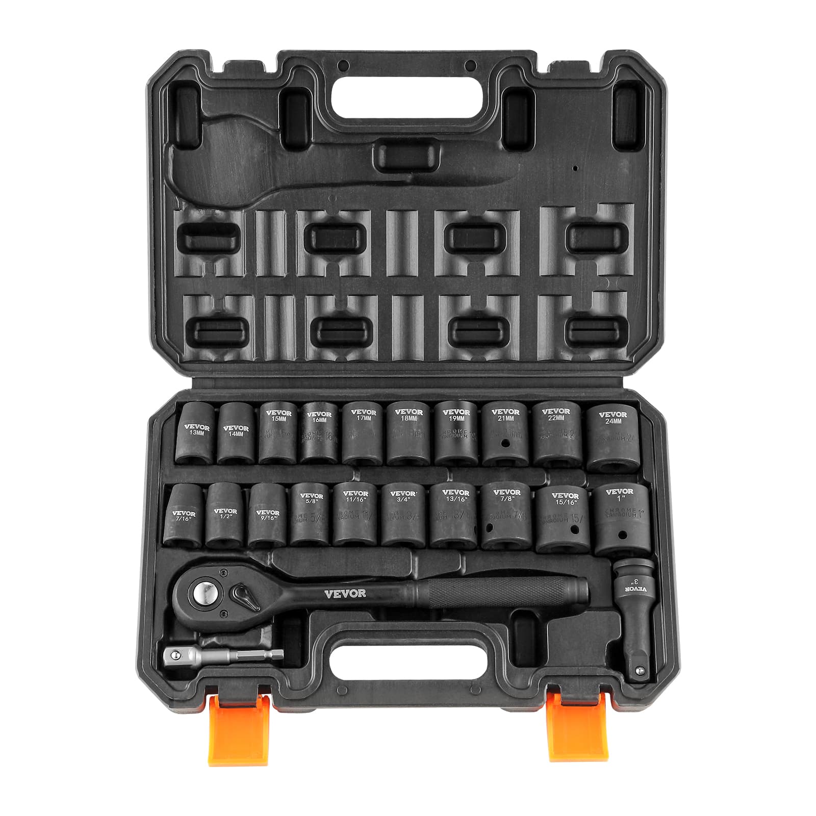 VEVOR - 1/2" Drive Impact Socket Set, 23 Piece Socket Set SAE (7/16" -1")& Metric 6 Point Cr-V Alloy Steel for Auto Repair - Black