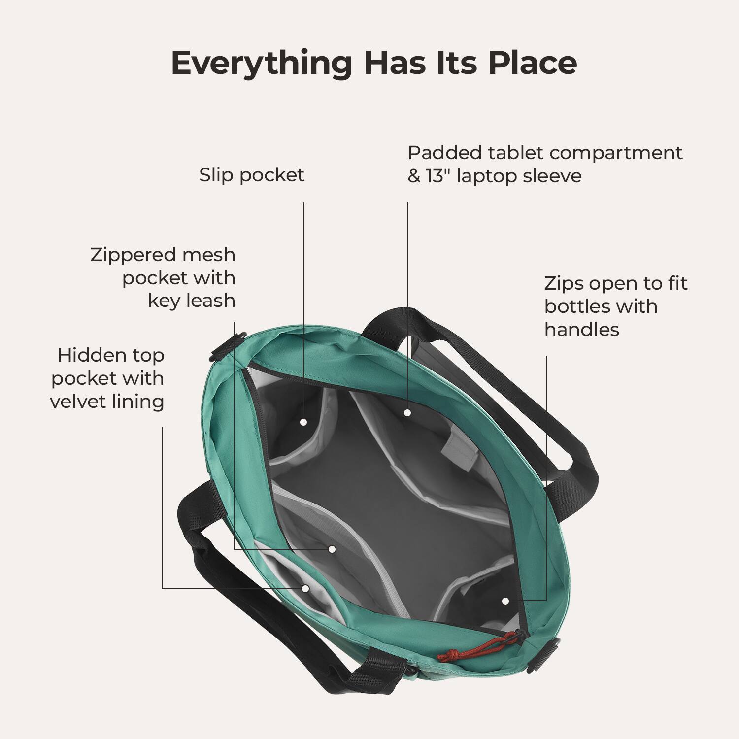 Everything Has Its Place

- Slip pocket
- Padded tablet compartment & 13" laptop sleeve
- Zippered mesh pocket with key leash
- Hidden top pocket with velvet lining
- Zips open to fit bottles with handles