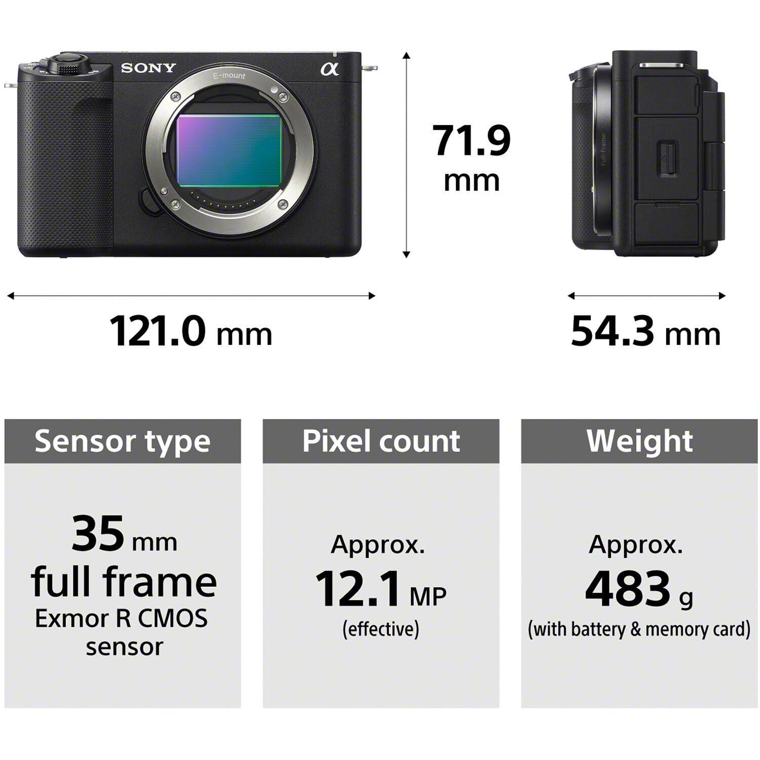 SONY E-mount  
71.9 mm  
121.0 mm  
54.3 mm  

Sensor type: 35 mm full frame Exmor R CMOS sensor  
Pixel count: Approx. 12.1 MP (effective)  
Weight: Approx. 483 g (with battery & memory card)