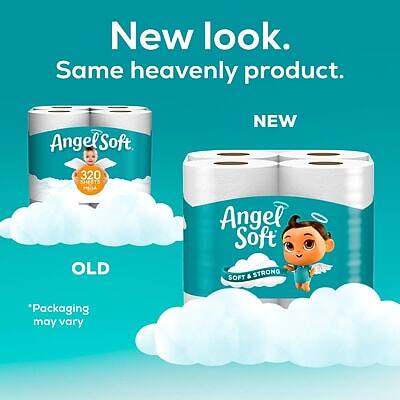New look.  
Same heavenly product.

OLD  
Angel Soft  
320 SHEETS

NEW  
Angel Soft  
SOFT & STRONG

*Packaging may vary