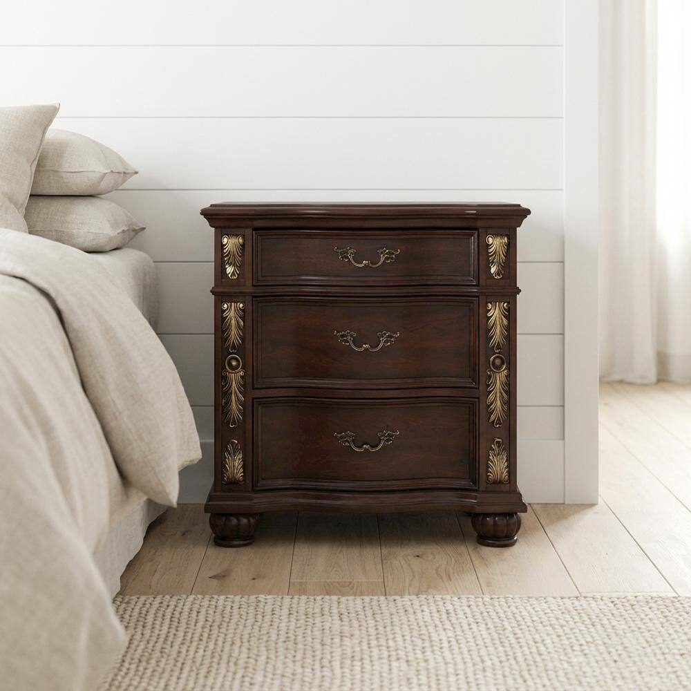 Left. FurniFact - Wooden Nightstand in Madeira Finish with Sleek Design and Spacious Storage - Brown.