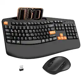 PRIMEPLUS - Wireless Keyboard & Mouse Combo, 2.4G Ergonomic Full Size Wave Keys with Wrist Rest & Phone Holder, 3-DPI Silent Mouse - Orange