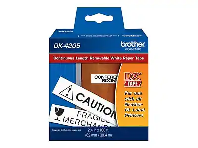 DK-4205
Continuous Length Removable White Paper Tape
Brother at your side
CONFEREI ROOM TAPE
For use with all Brother QL Label Printers
CAUTION
FRAGILE
MERCHANDISE
2.4 in x 100 ft (62 mm x 30.4 m)