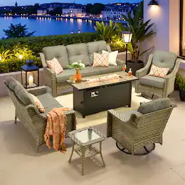 Ovios - 6 PCS Patio Furniture Set with 54" Fire Pit Table Comfy Loveseat with Swivel Chairs & Side Table - Dark Gray