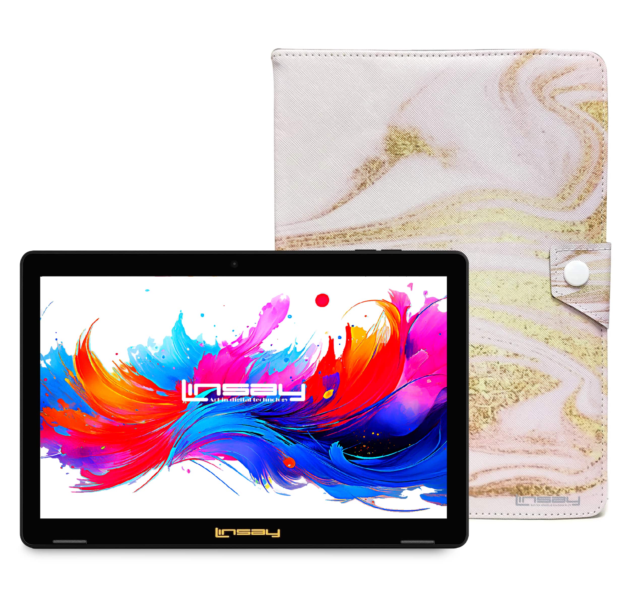 LINSAY - 10.1"Octa Core 256GB Storage Android 15 Tablet with Glaze Marble Case - Pink
