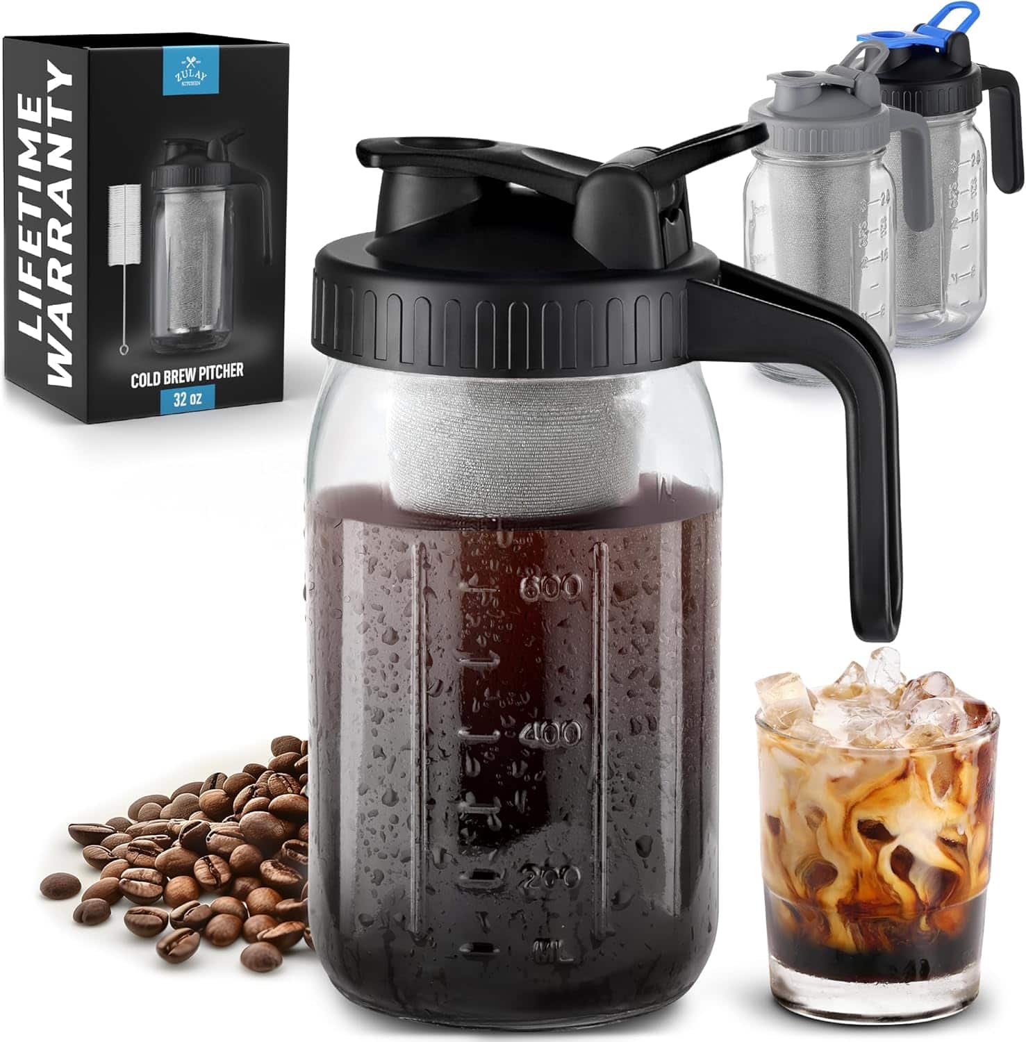 Zulay Kitchen - Premium Cold Brew Coffee Maker - 32oz Mason Jar with Leak-Proof Lid & Extra Thick Glass - Black