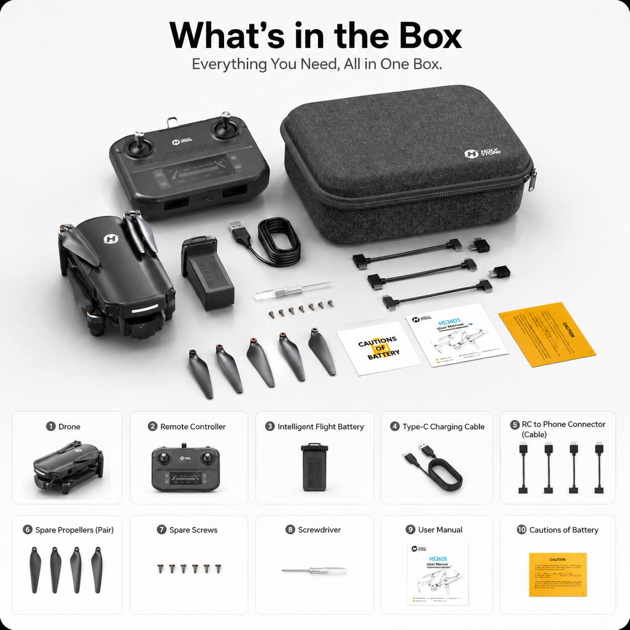 What's in the Box  
Everything You Need, All in One Box.

1. Drone  
2. Remote Controller  
3. Intelligent Flight Battery  
4. Type-C Charging Cable  
5. RC to Phone Connector (Cable)  
6. Spare Propellers (Pair)  
7. Spare Screws  
8. Screwdriver  
9. User Manual  
10. Cautions of Battery