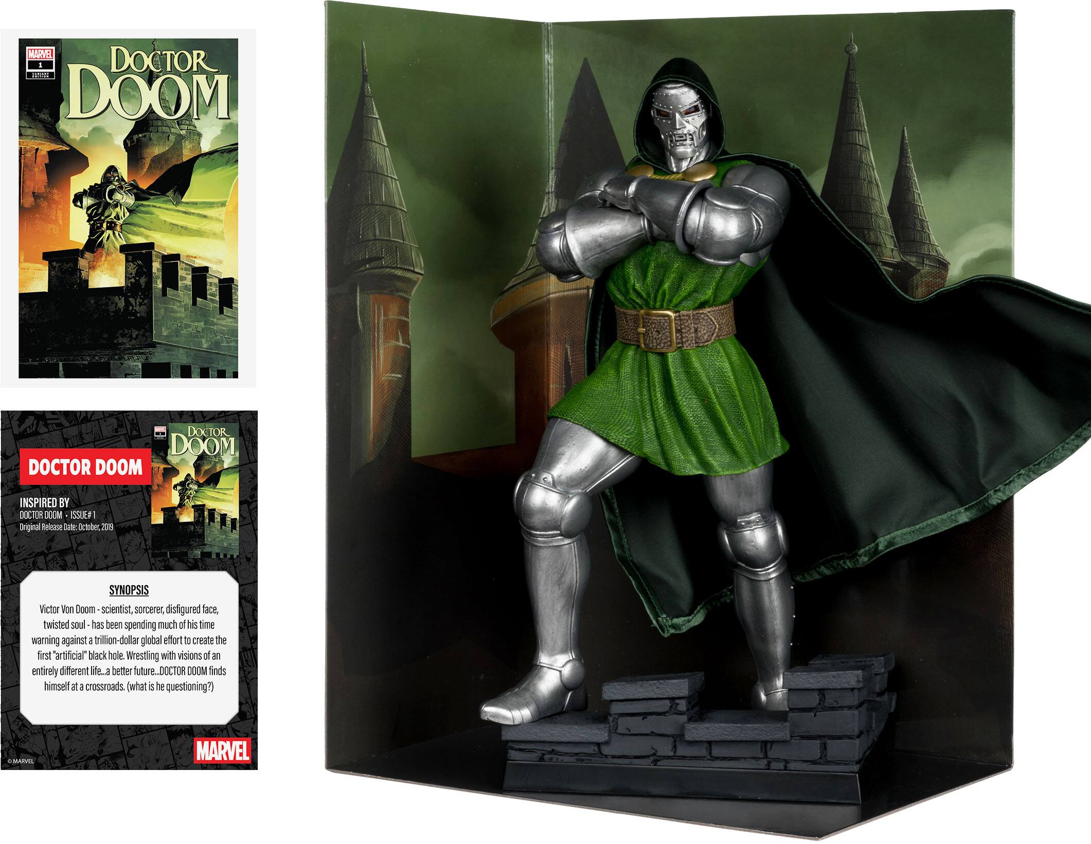MRISO MEn I DOCTOR FeSAR DOOM DOCTOR DOOM DOCTOR DOOM INSPIRED BY DOCTOR OCUM ESSUE# Original Reease Sate Oetober 2019 SYNOPSIS Victor Von Doom scientist, sorcerer, disfigured face, twisted soul has been spending much of his time warning against : trillion-dollar global effort to create the frst artificial" black hole Wrestling with visions of an entirely different M.a better future DOCTOR DOOM finds himself at a crossroads. (what is he questioning?) EMARVIL MARVEL