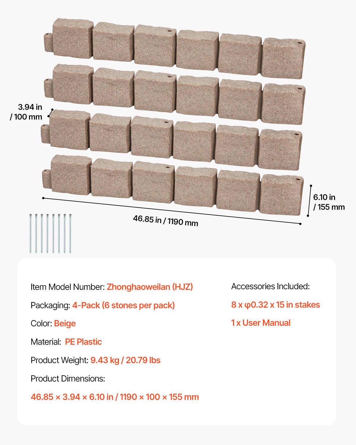 VEVOR Faux Stone Landscape Edging 46.8 x 3.9 in Realistic Lawn