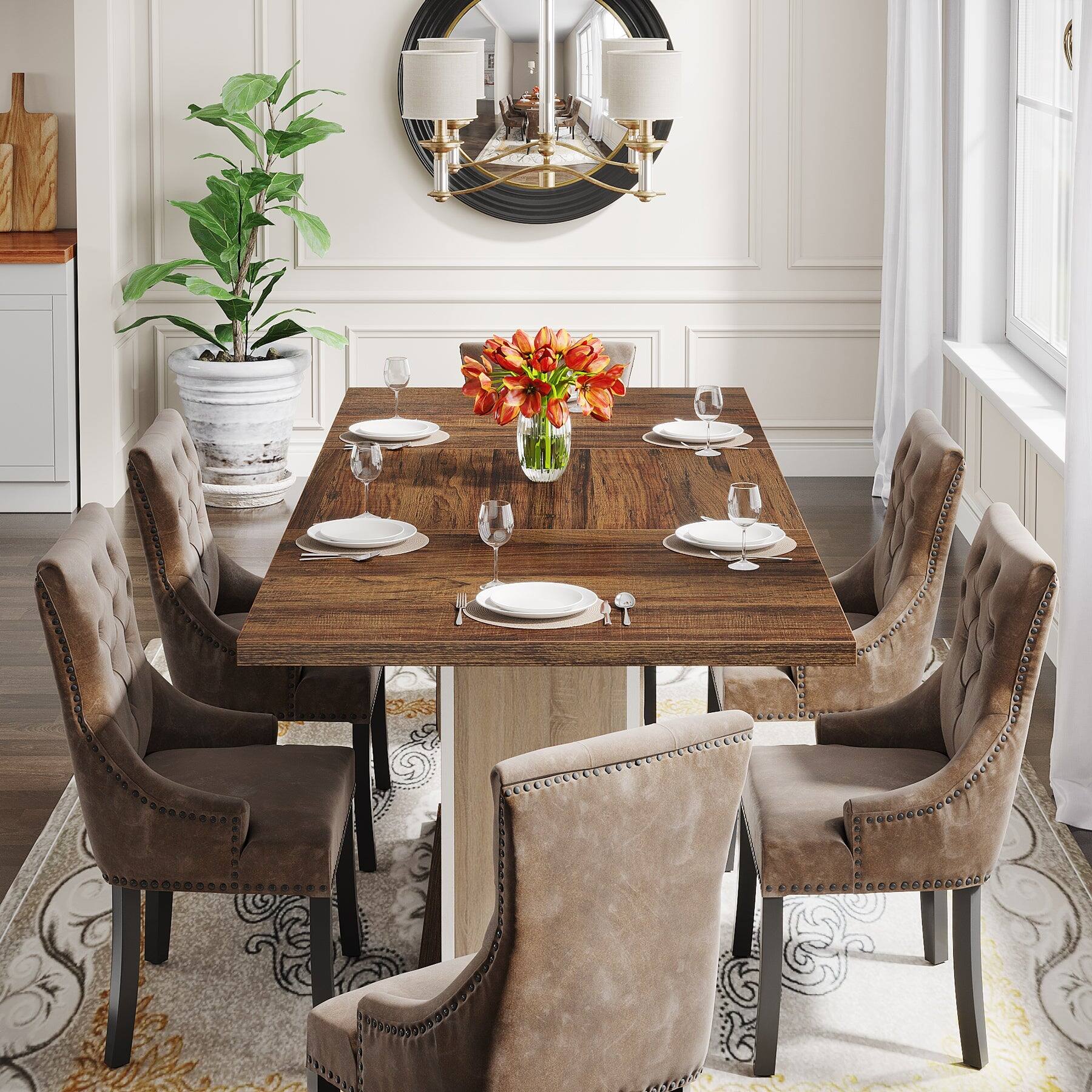 Alt View 1. Tribesigns - Farmhouse Dining Table with Engineered Wood Construction and Easy-Clean Surface for Dining Room - Brown.