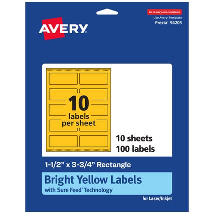 Go to avery.com/templates
AVERY
Use Avery™ Template Presta™ 94205
10 labels per sheet
10 sheets
100 labels
1-1/2" x 3-3/4" Rectangle
Bright Yellow Labels with Sure Feed Technology for Laser/Inkjet