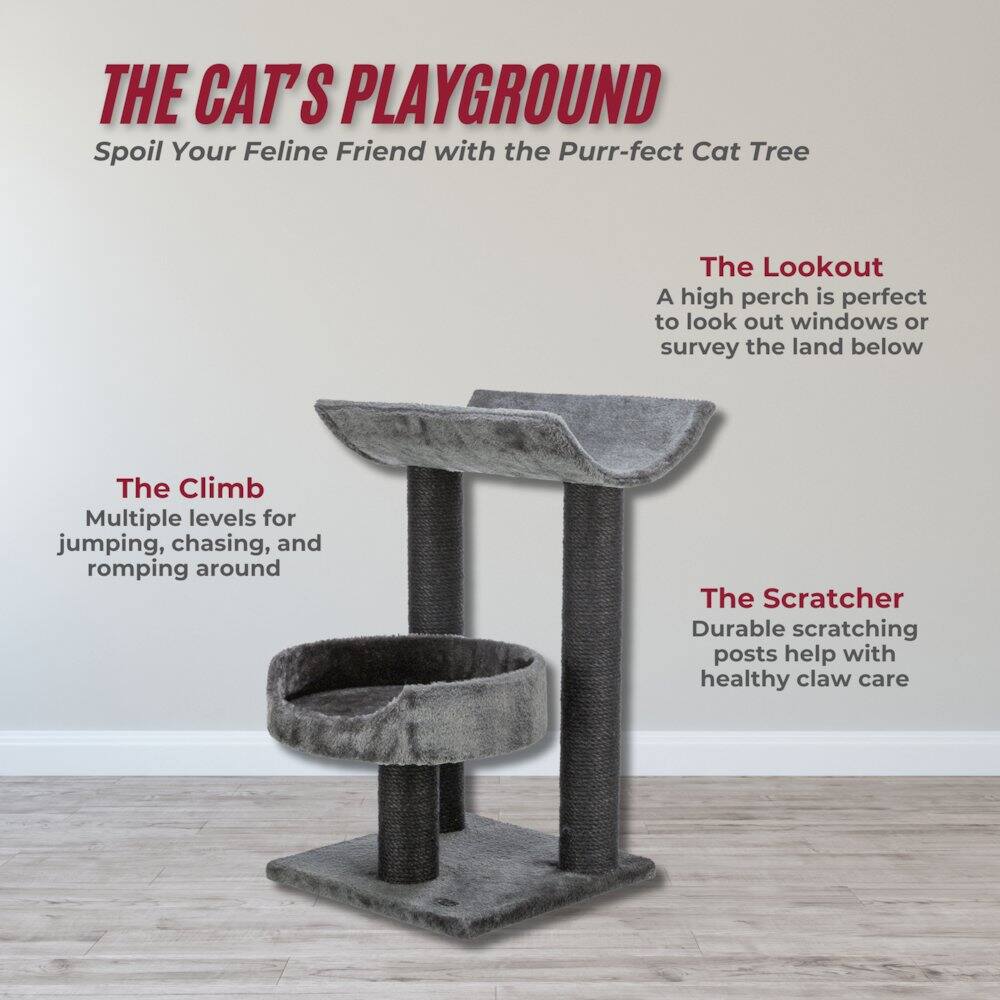 THE CAT'S PLAYGROUND  
Spoil Your Feline Friend with the Purr-fect Cat Tree  

The Lookout  
A high perch is perfect to look out windows or survey the land below  

The Climb  
Multiple levels for jumping, chasing, and romping around  

The Scratcher  
Durable scratching posts help with healthy claw care