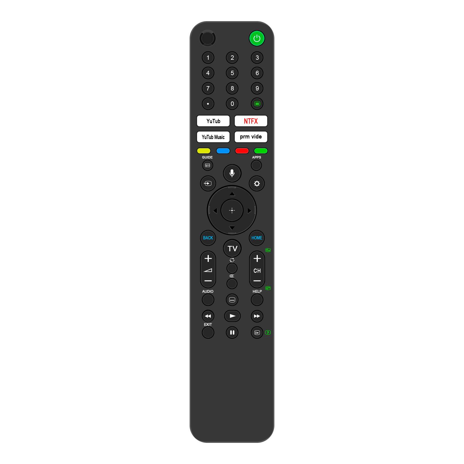 1
2
3
4
5
6
7
8
9
0
YouTube
Netflix
YouTube Music
Prime Video
Guide
Apps
Back
Home
TV
+
CH
-
-
Audio
Help
Exit
