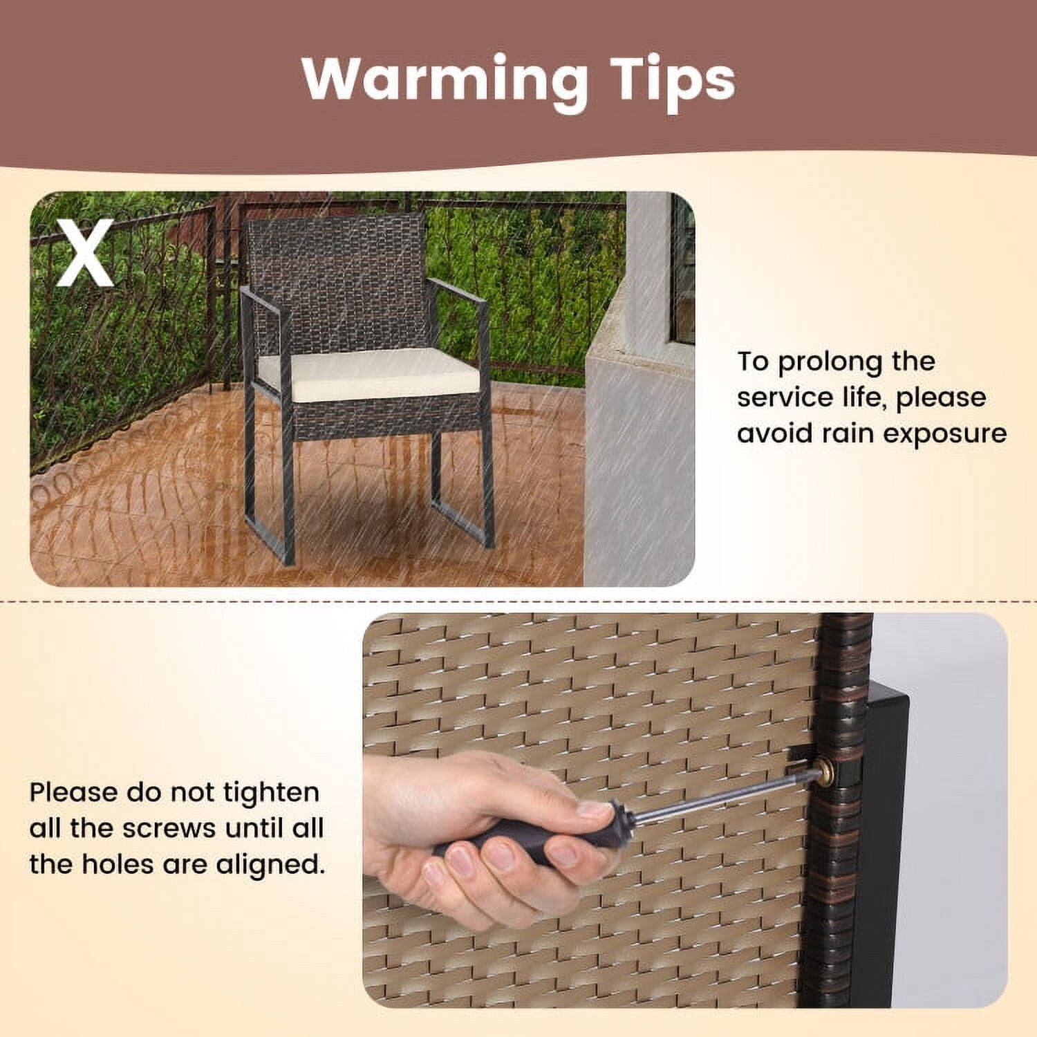 Warming Tips

- To prolong the service life, please avoid rain exposure.
- Please do not tighten all the screws until all the holes are aligned.