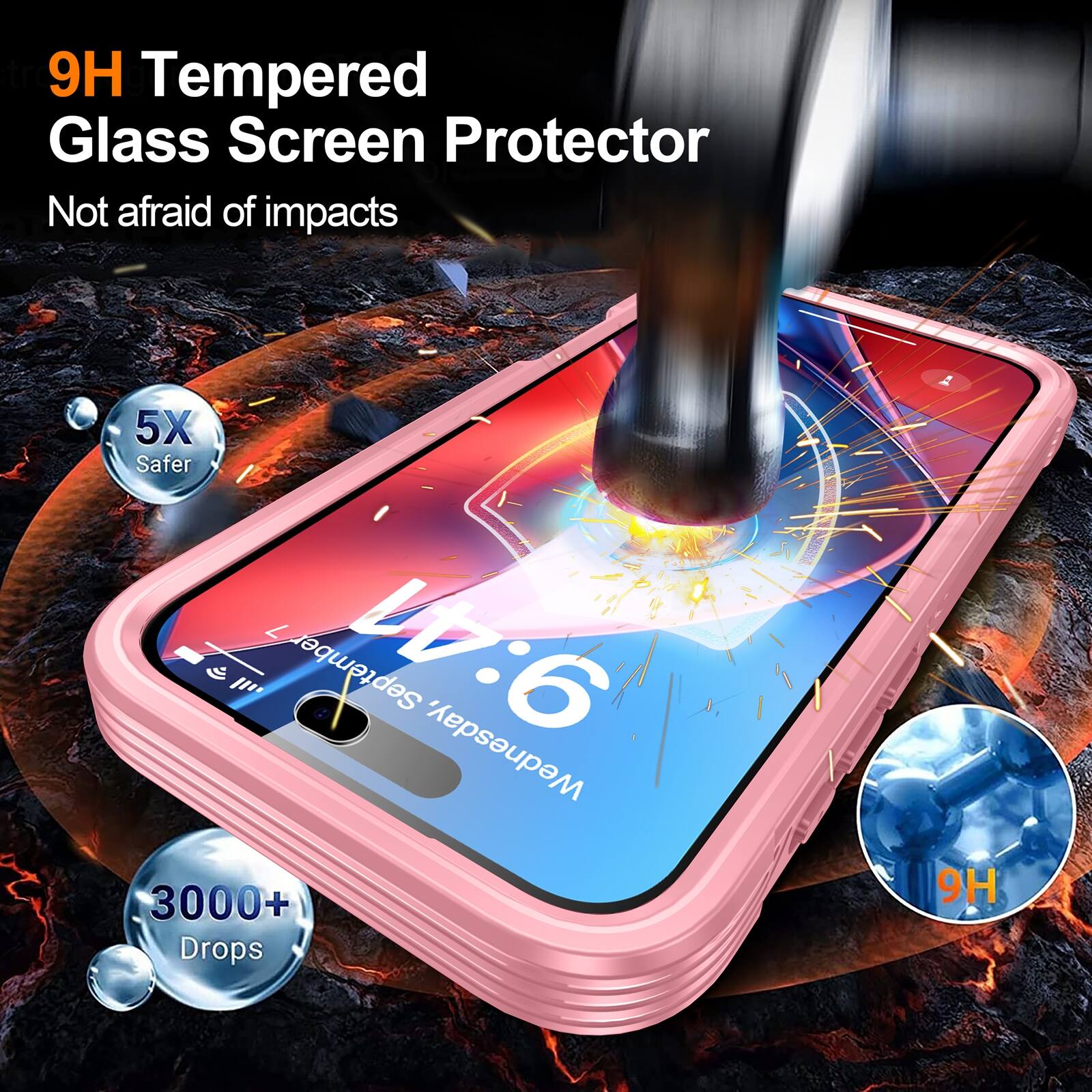 9H Tempered Glass Screen Protector  
Not afraid of impacts  
5X Safer  
3000+ Drops  
9H
