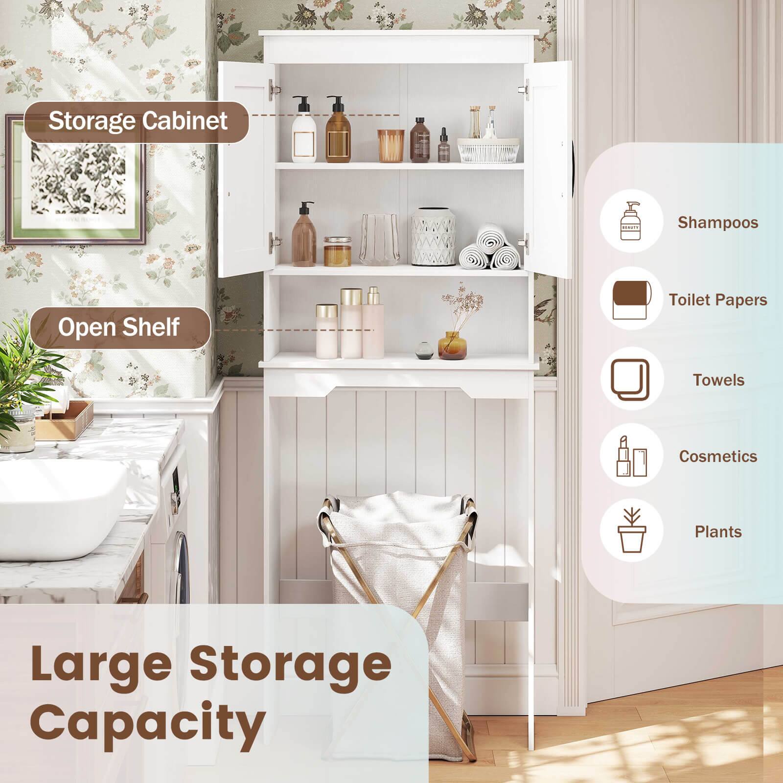 Storage Cabinet  
Open Shelf  
Shampoos  
Toilet Papers  
Towels  
Cosmetics  
Plants  
Large Storage Capacity