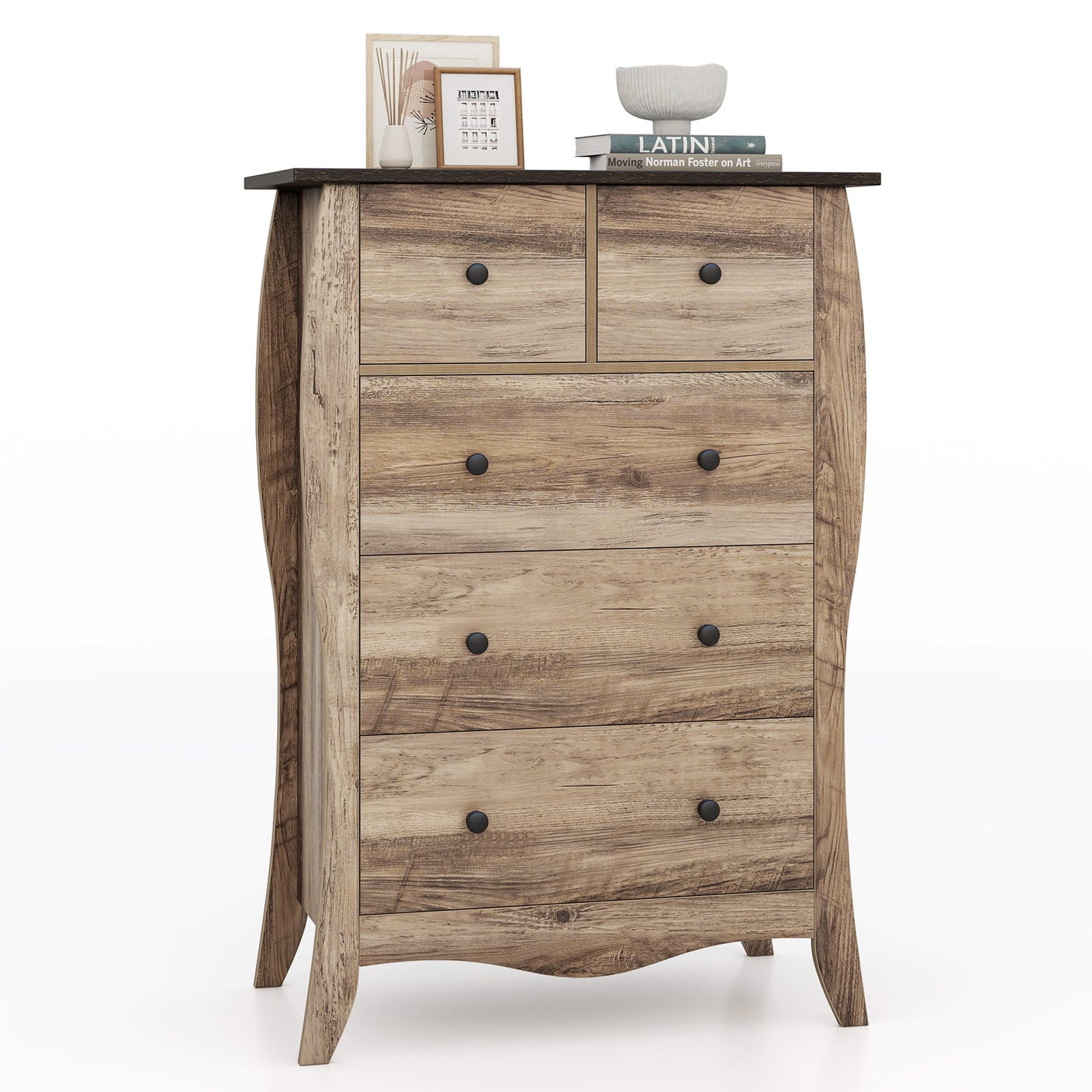 Gymax - 38'' Farmhouse Chest of Drawers w/ 5 Folding Fabric Drawers & Anti-tipping Kit - Brown
