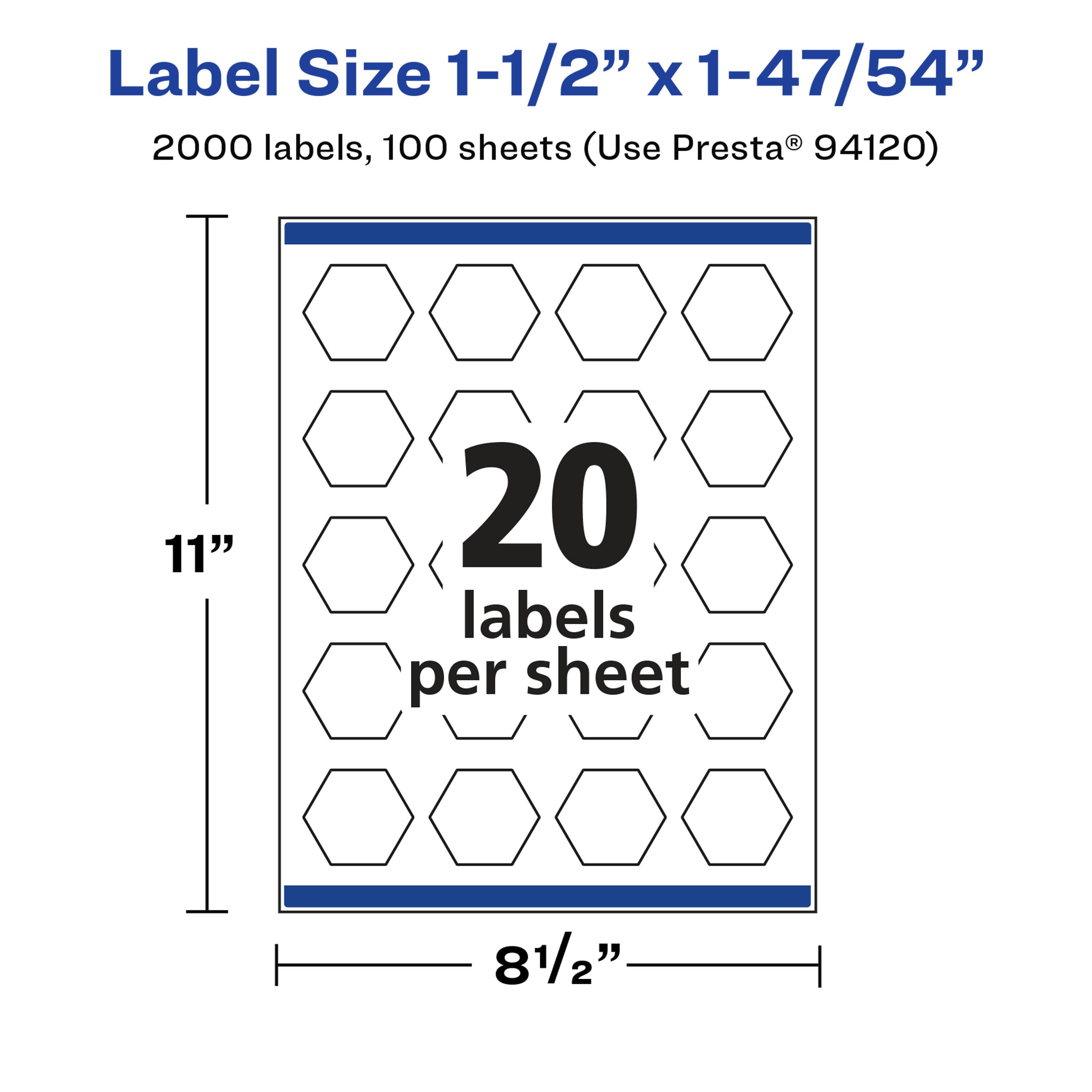 Label Size 1-1/2" x 1-47/54"  
2000 labels, 100 sheets (Use Presta® 94120)  
11"  
20 labels per sheet  
8 1/2"