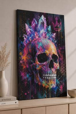 FC Design - Large Crystal Crown Skull Wall Art Canvas Print 24x36" Neon Graffiti Modern Painting for Home Decor - MultiColor