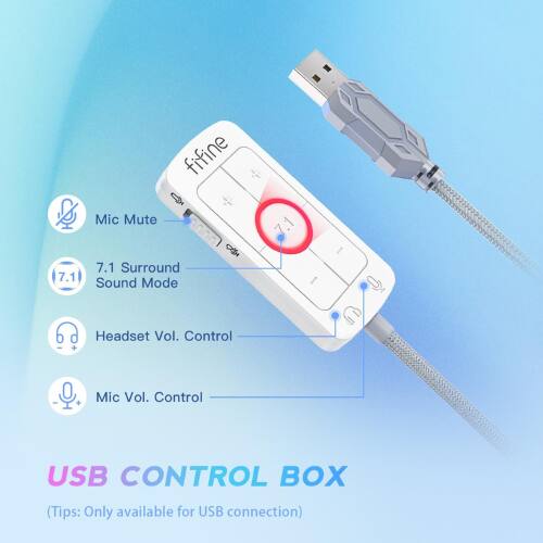 fifine Mic Mute 7.1 7.1 Surround Sound Mode CH I I Headset Vol. Control + Mic Vol. Control USB CONTROL BOX (Tips: Only available for USB connection)