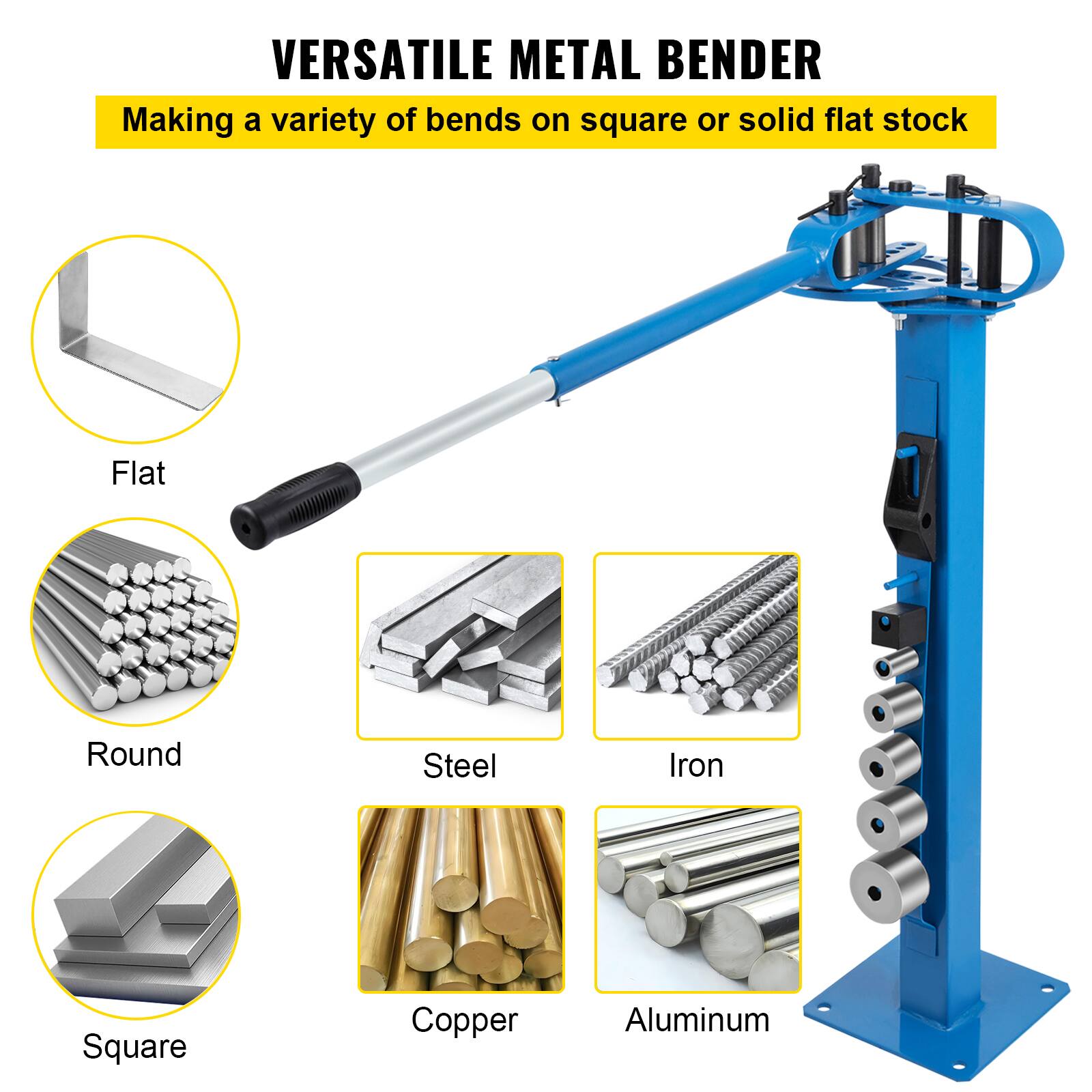 VERSATILE METAL BENDER  
Making a variety of bends on square or solid flat stock  

- Flat  
- Round  
- Square  

- Steel  
- Iron  
- Copper  
- Aluminum