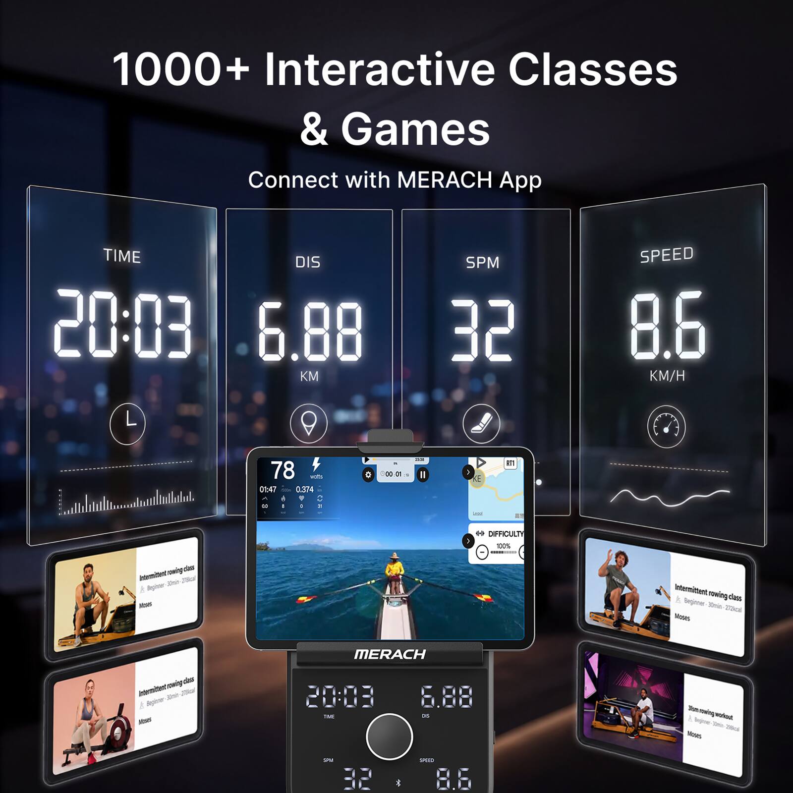1000+ Interactive Classes & Games  
Connect with MERACH App  

TIME 20:03  
DIS 6.88 KM  
SPM 32  
SPEED 8.6 KM/H  

78 watts  
01:47 0.374  

DIFFICULTY 100%  

Intermittent rowing class  
Beginner 30min - 2x20sec  
Moses  

Intermittent rowing class  
Beginner 30min - 2x20sec  
Moses  

Sprint rowing workout  
Beginner 30min - 2x20sec  
Moses