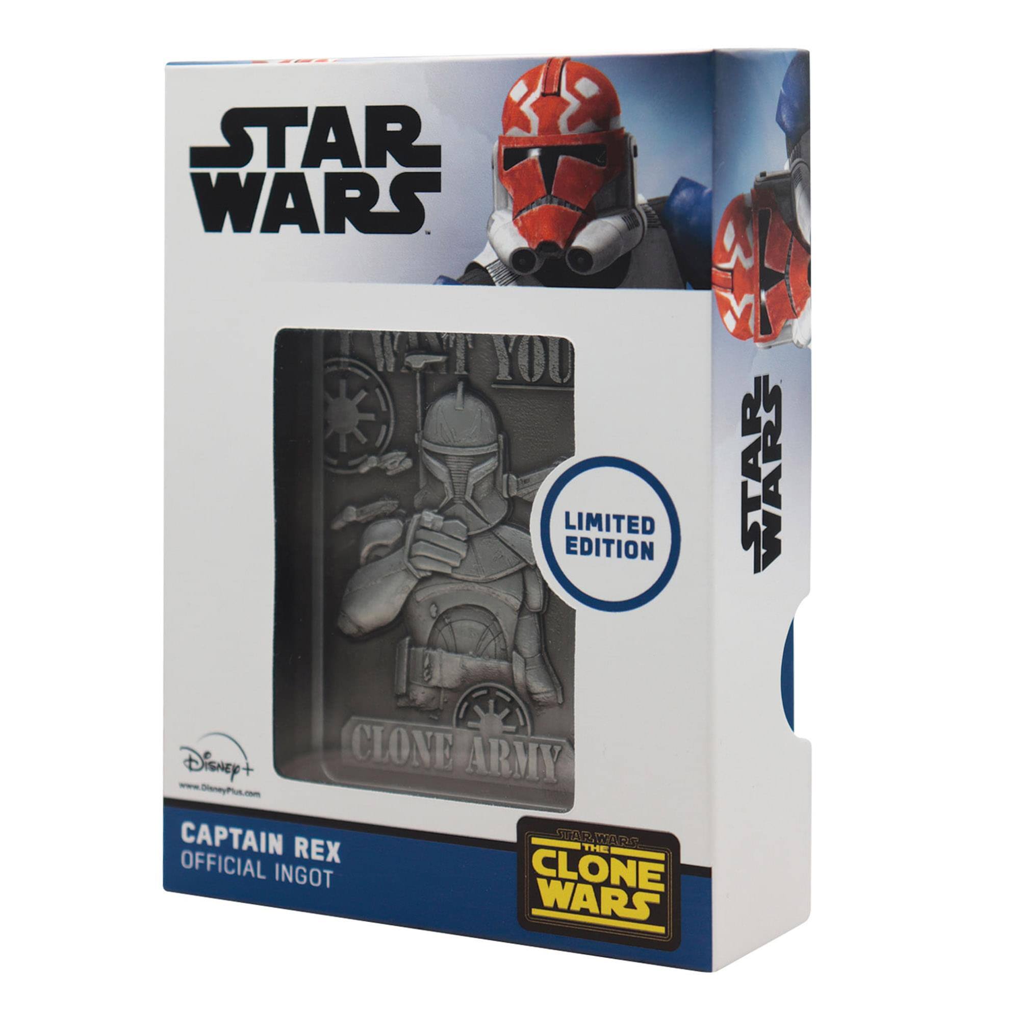 STAR WARS  
LIMITED EDITION  
Disney+  
CLONE ARMY  
www.DisneyPlus.com  
CAPTAIN REX  
OFFICIAL INGOT  
THE CLONE WARS