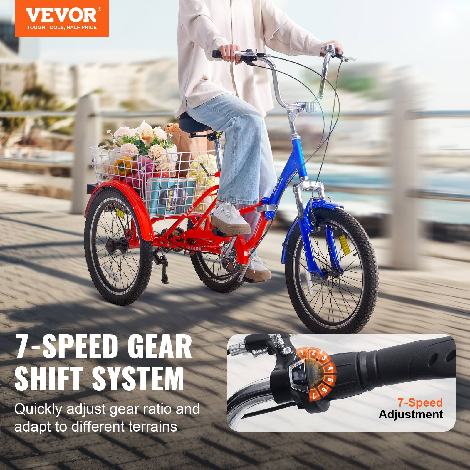 VEVOR TOUGH TOOLS. HALF PRICE 7-SPEED GEAR SHIFT SYSTEM Quickly adjust gear ratio and adapt to different terrains 7-Speed Adjustment