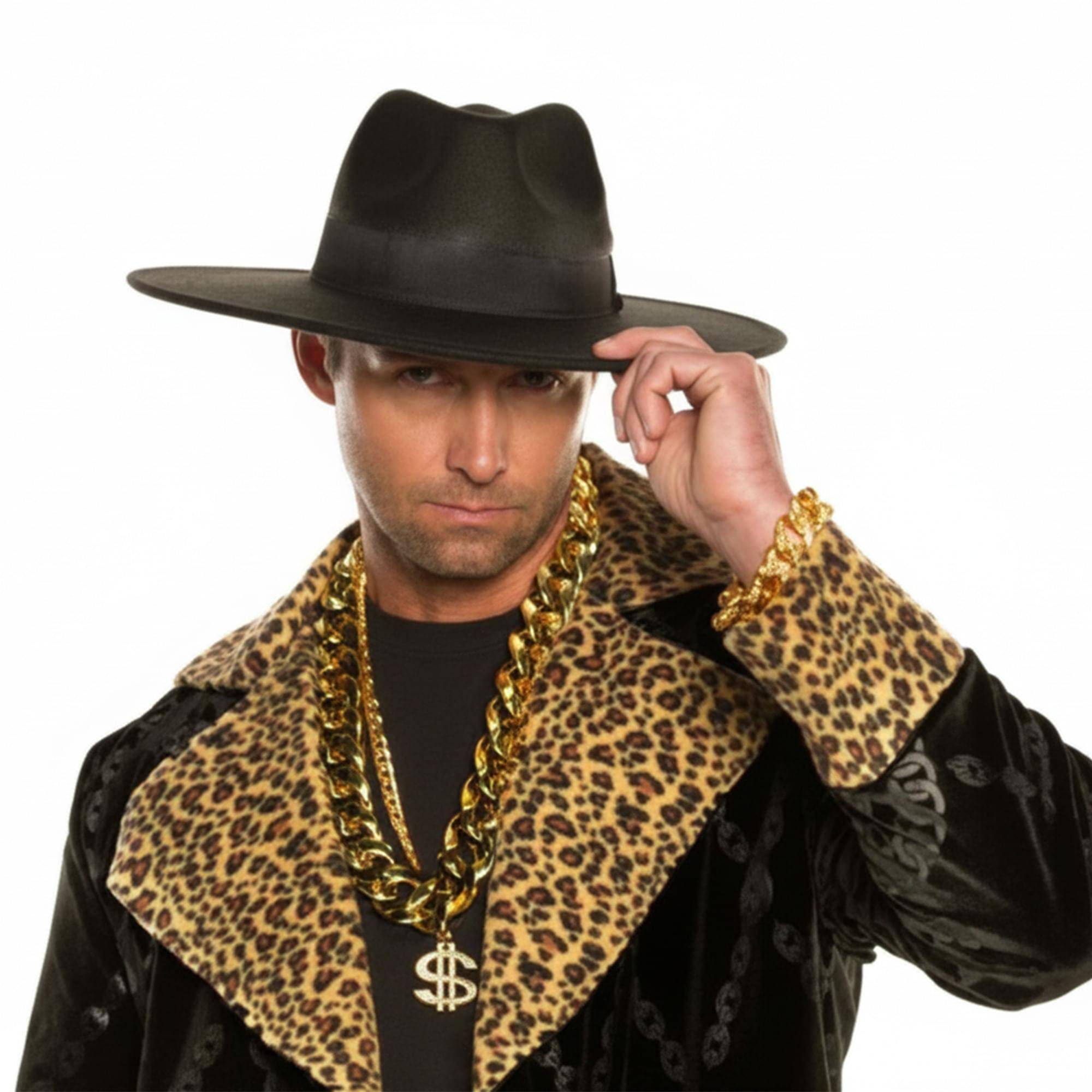 Alt View 1. Underwraps - Pimp 4-Piece Adult Costume Accessory Kit | Black Hat & Chains - Black.