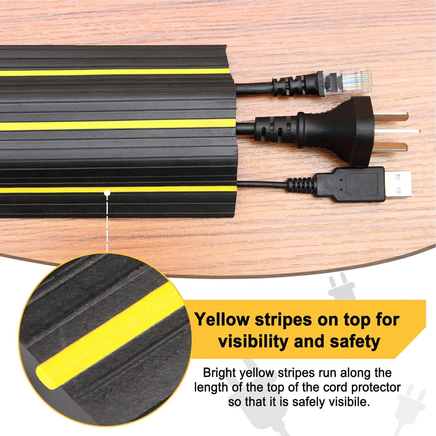 Yellow stripes on top for visibility and safety

Bright yellow stripes run along the length of the top of the cord protector so that it is safely visible.