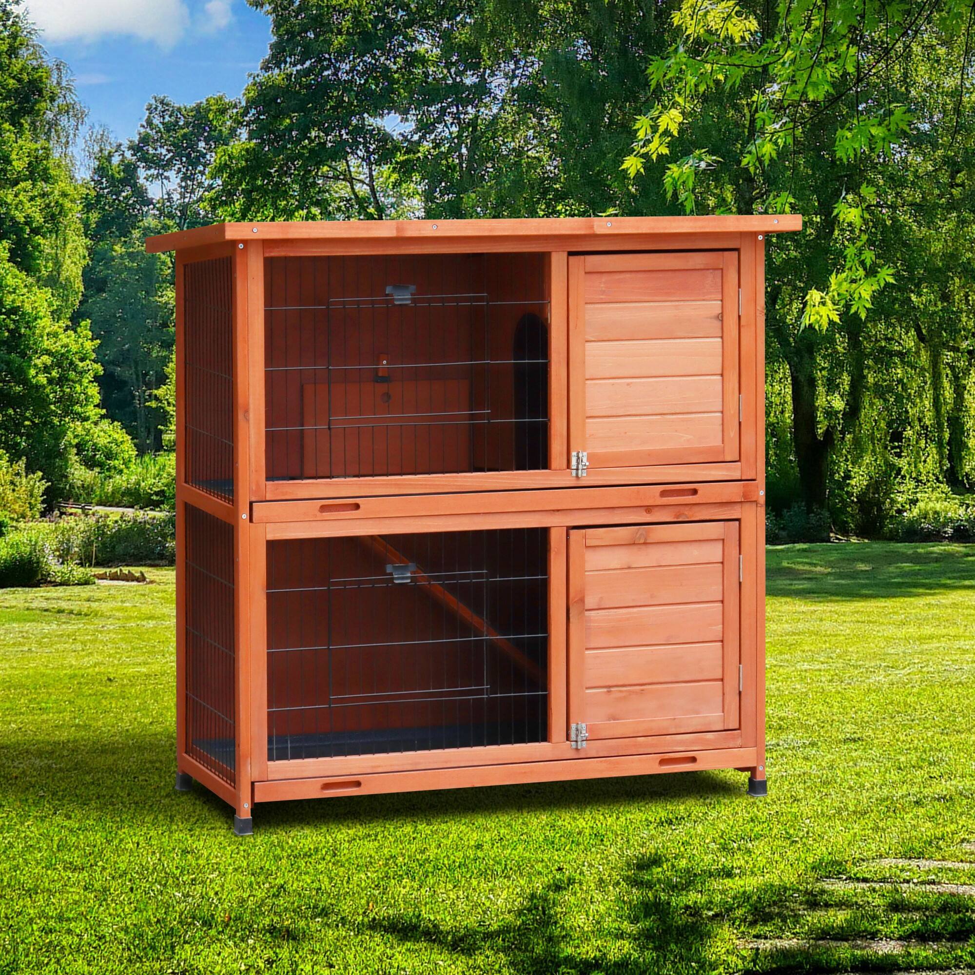 Alt View 1. Glintex - Rabbit Hutch Outdoor, 2-Story Rabbit Cage Indoor with Run, 2 Removable No-Leak Trays, Non-Slip Ramp, Waterproof Roof.