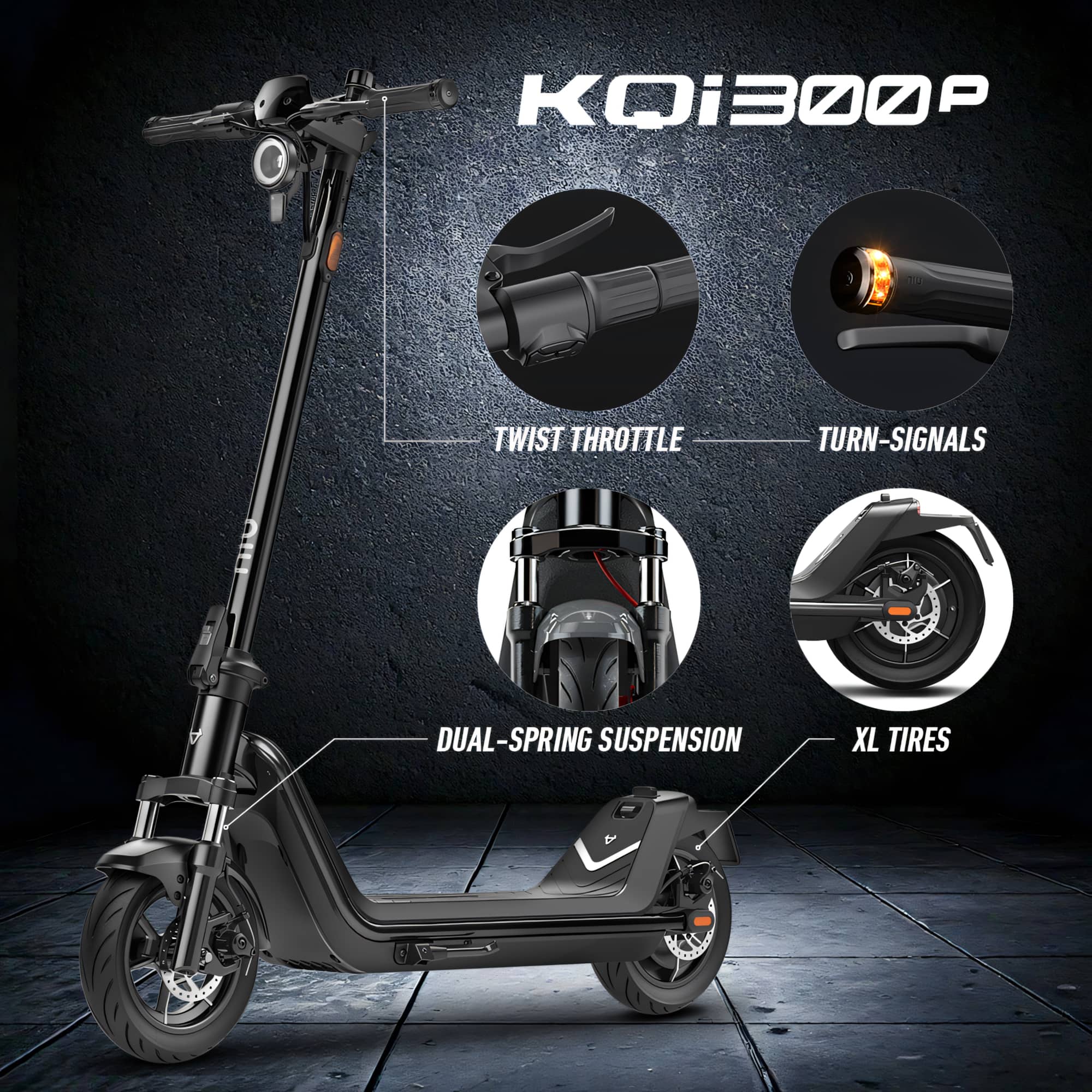 KOi300P is a scooter with various features such as a twist throttle, turn signals, dual-spring suspension, and XL tires.