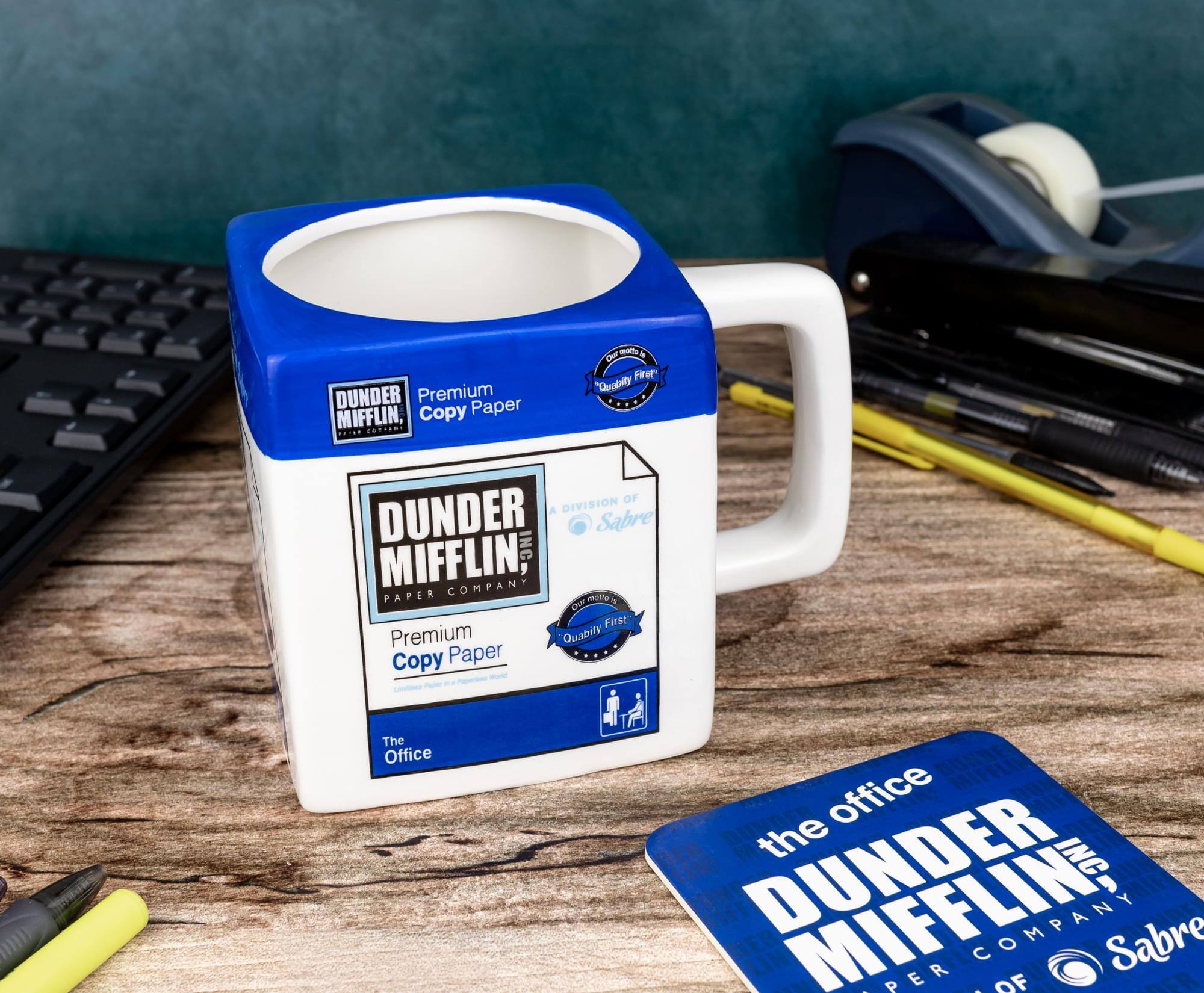 Dunder Mifflin, Inc.  
Premium Copy Paper  
The Office  

Dunder Mifflin, Inc.  
Paper Company  
Premium Copy Paper  
Quality First  

Dunder Mifflin, Inc.  
A Division of Sabre  
Premium Copy Paper  
The Office  

The Office  
Dunder Mifflin, Inc.  
Paper Company  
A Division of Sabre