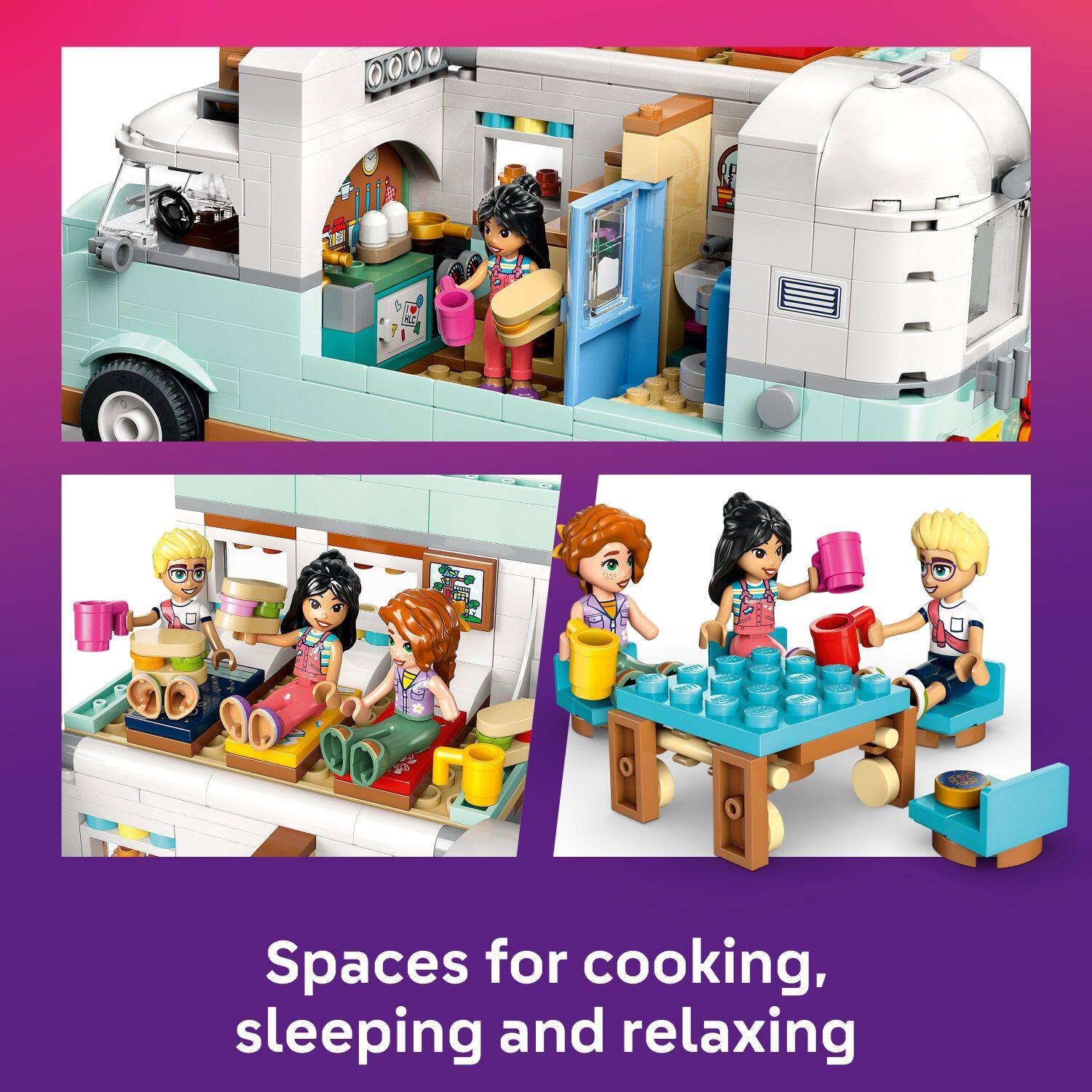 Spaces for cooking, sleeping, and relaxing.