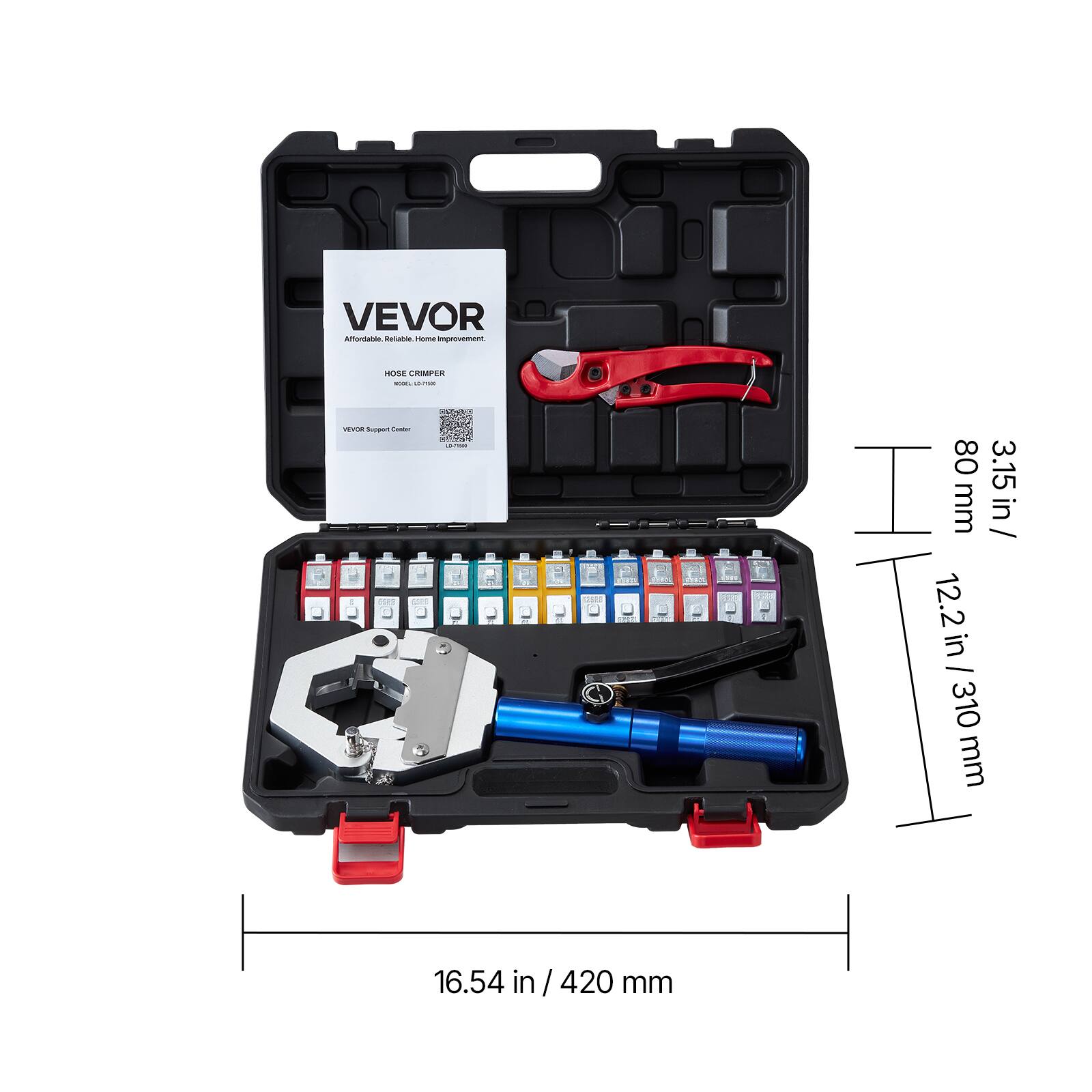 VEVOR  
Affordable, Reliable, Home Improvement.  

Hose Crimper  
MODEL: LC-1070  

VEVOR Support Center  
1-800-315-1070  

80 mm / 3.15 in  
12.2 in / 310 mm  
16.54 in / 420 mm