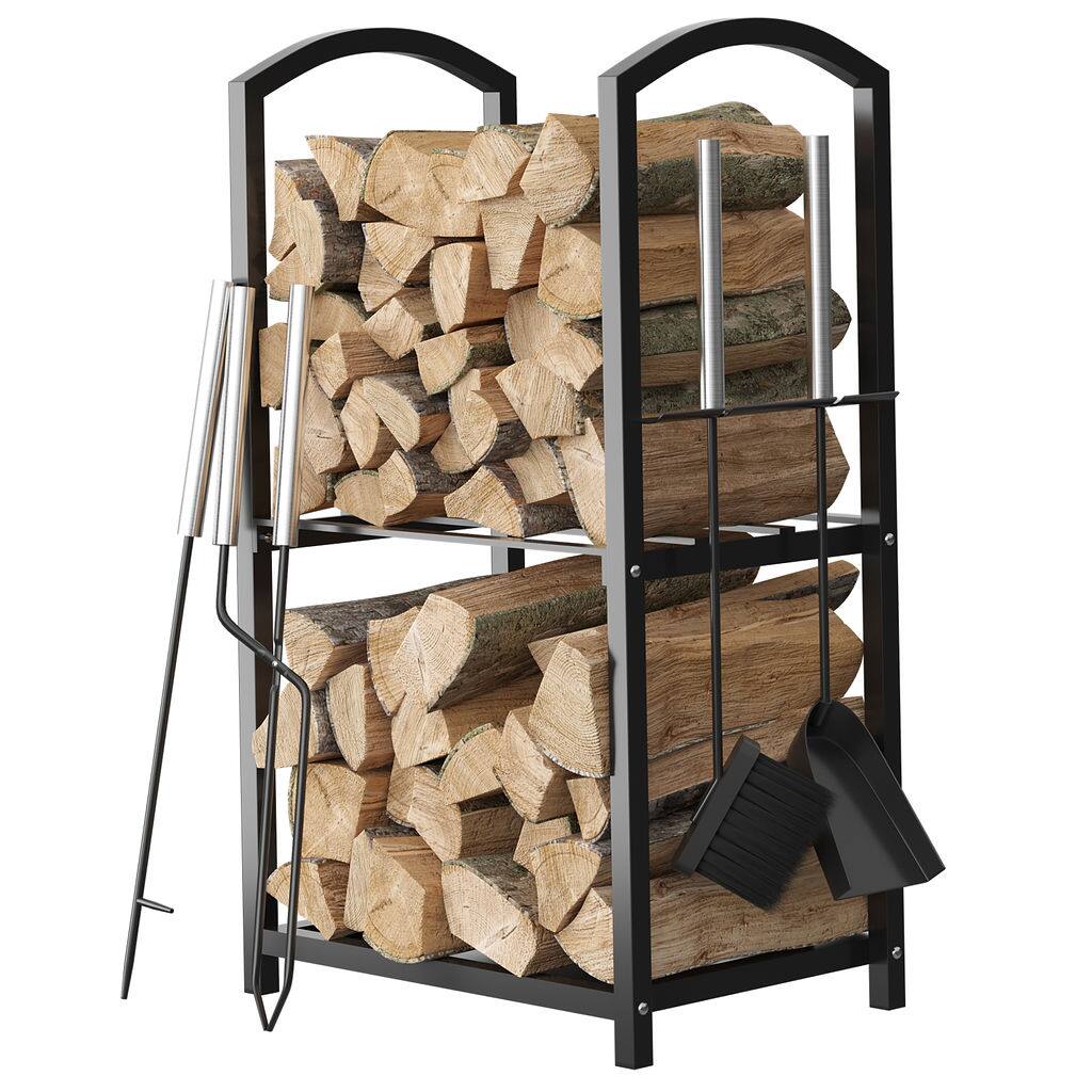 Front. Home It - Firewood Rack with 4-Piece Tool Set - 17x12x29" Log Holder - Black.
